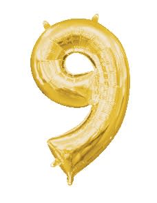 Number 9 Balloon 34" - 34" Golden Number 9 mylar balloon. Filled with helium. Stays afloat up to 7 days.