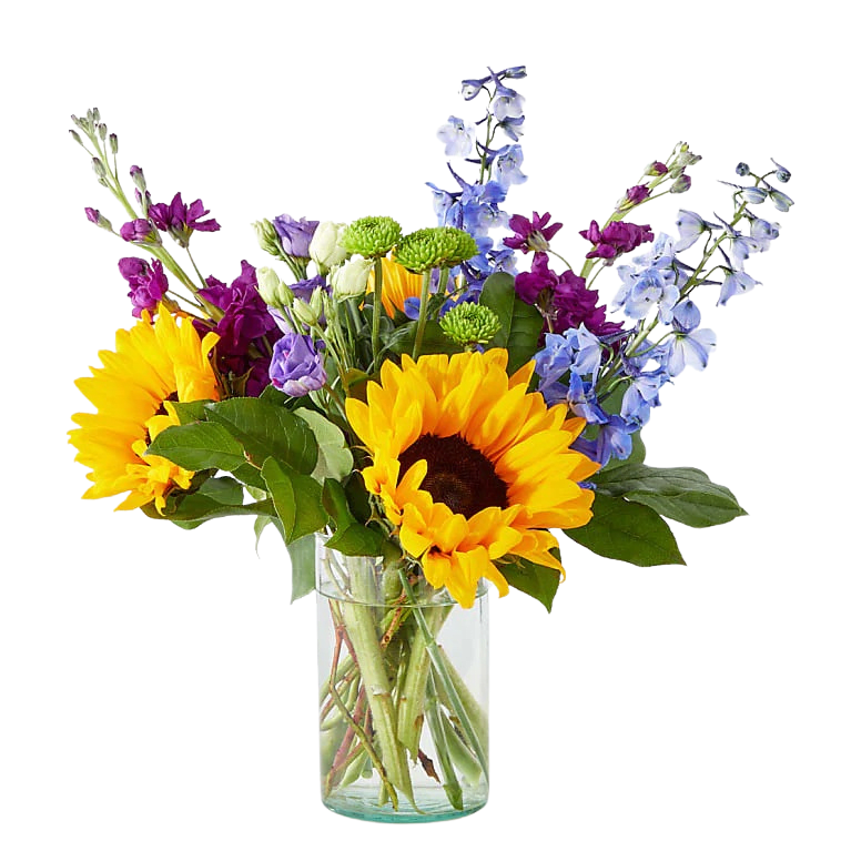 Bouquet of sunflowers, blue delphinium, and purple flowers in a glass vase