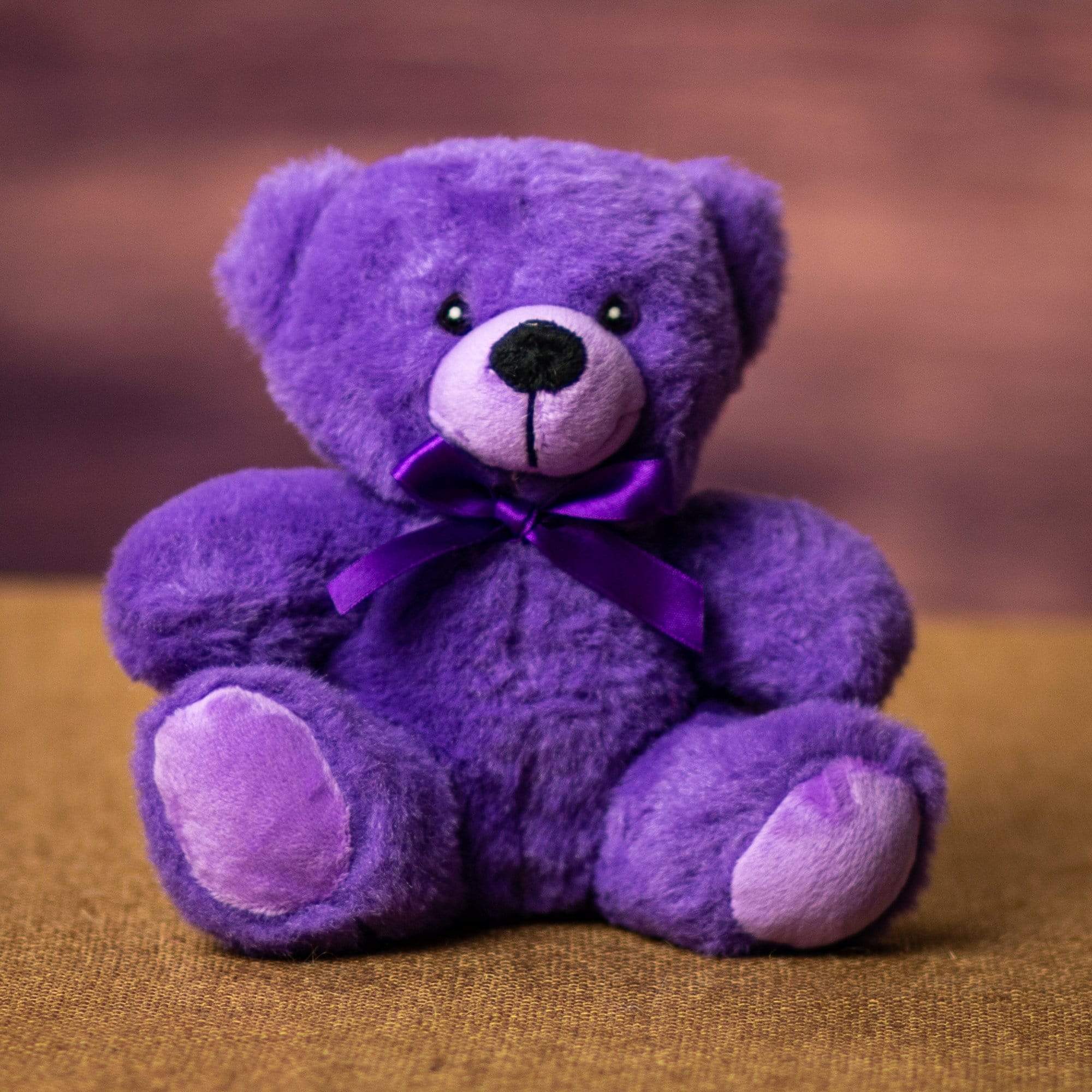 Purple teddy bear with a satin ribbon