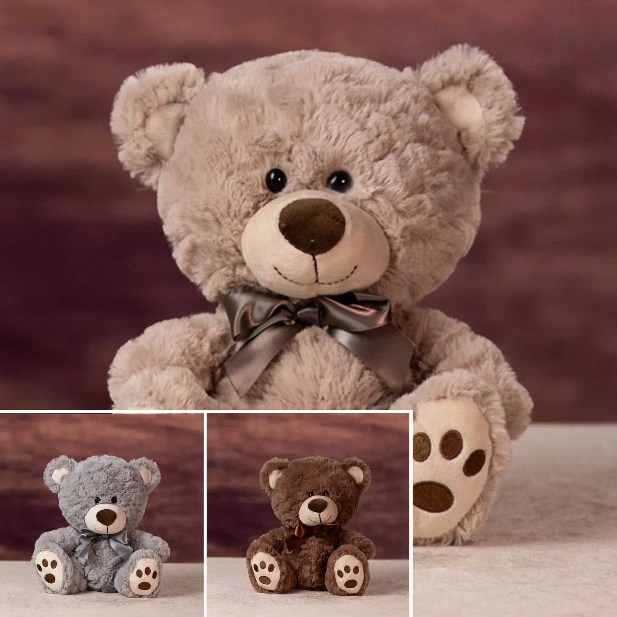 Plush teddy bears with satin bows in beige, gray, and brown