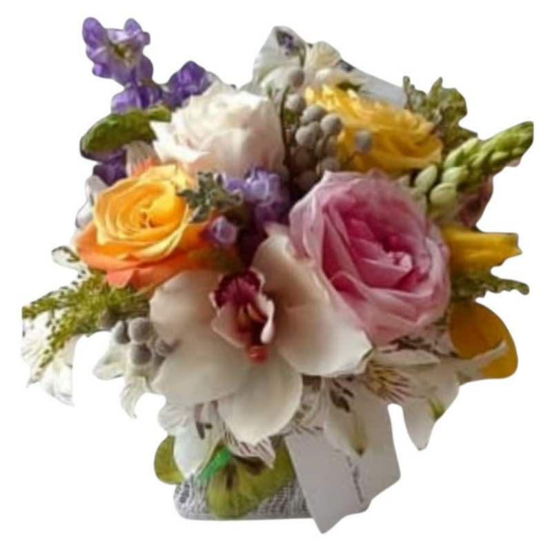 Mixed bouquet with pink, yellow, white, and purple flowers in a small container