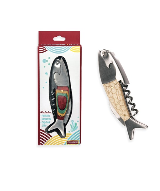 Packaged fish-shaped corkscrew bottle opener beside the tool