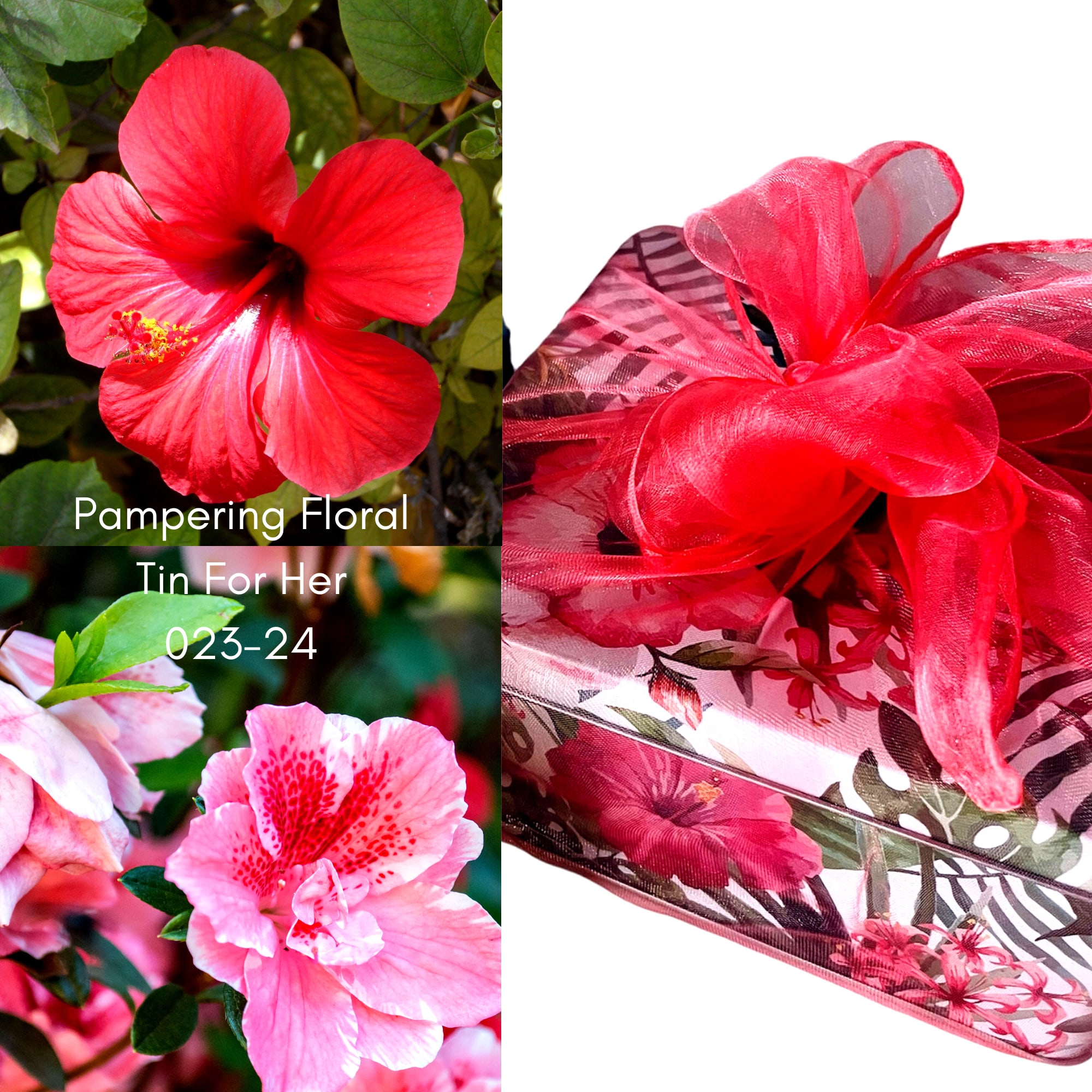 Floral gift tin with red ribbon and pink flower print