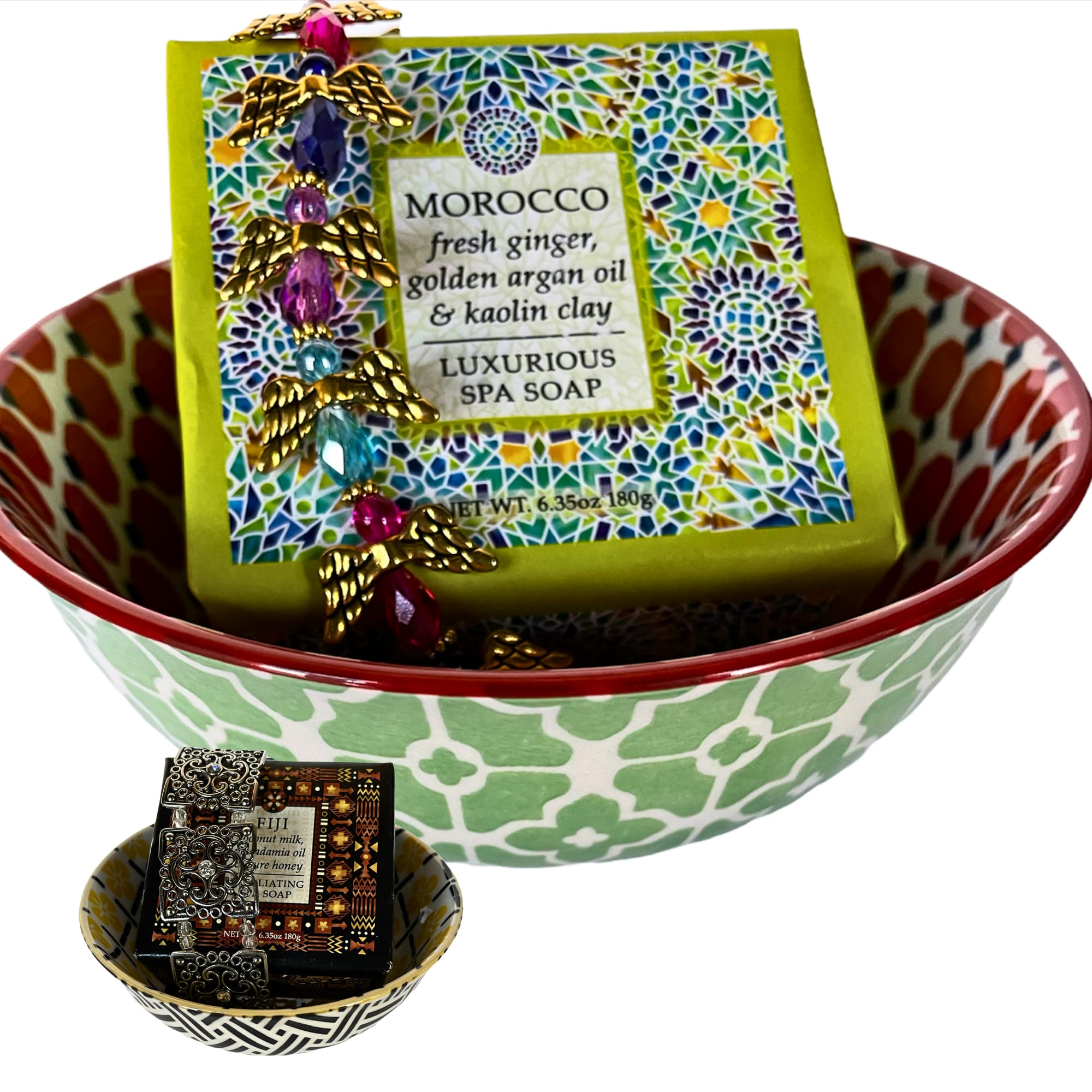 Decorative bowls holding wrapped spa soap bars