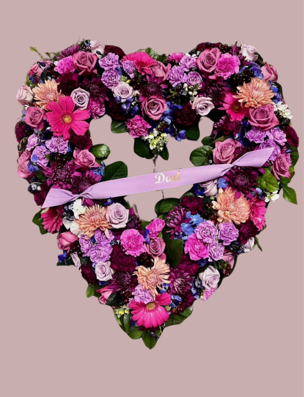 Everlasting Love - Open standing heart filled with shades of lavender, purple, and pink. 