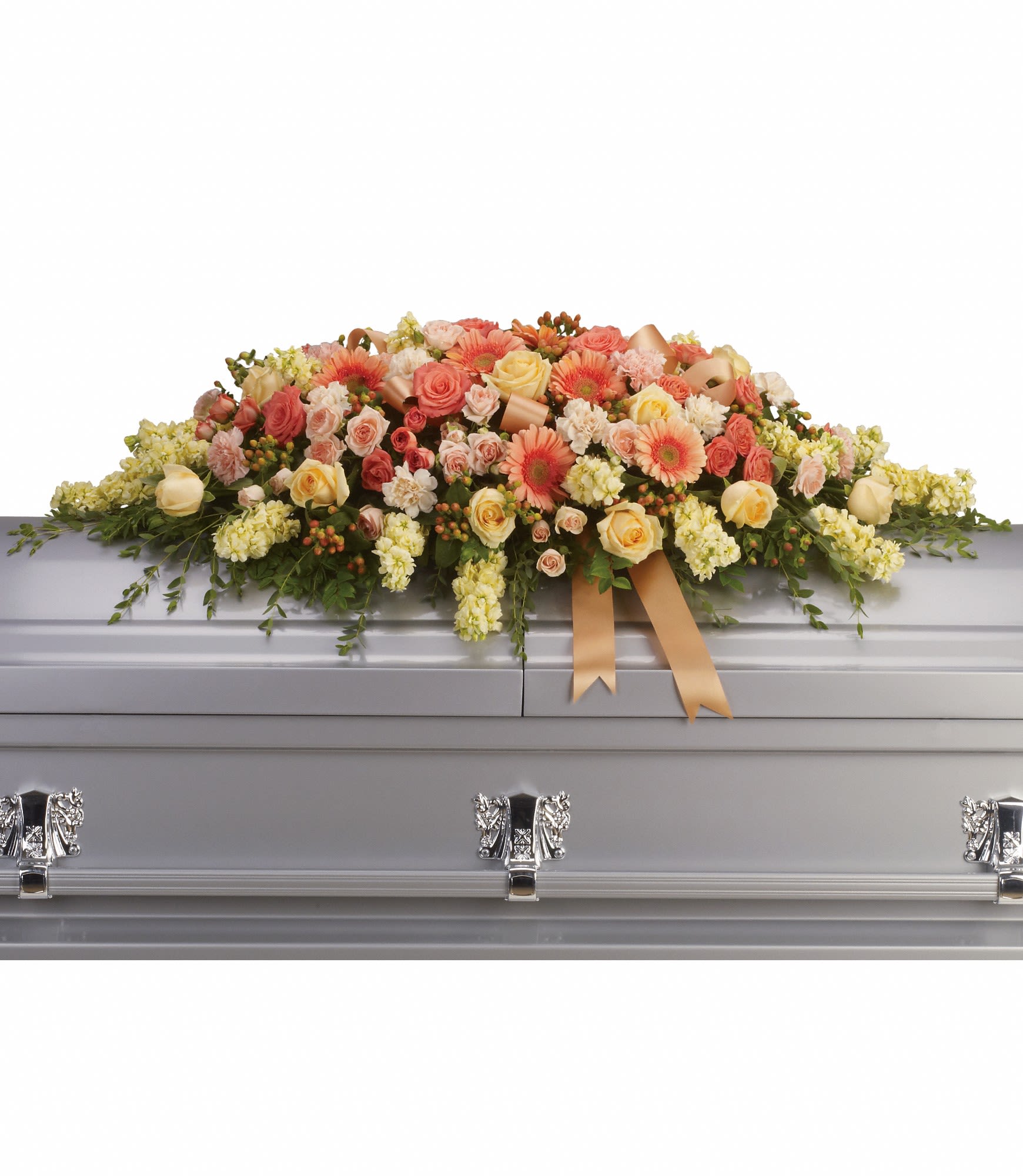 Pastel floral casket spray with roses and gerbera daisies