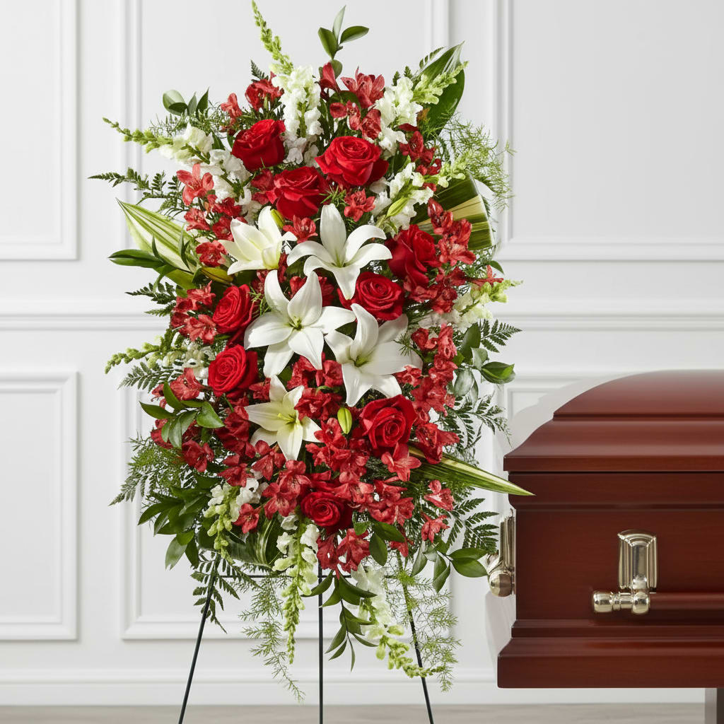 Everlasting Memory Standing Spray  - Our Everlasting Memory Standing Spray combines timeless hues with unique blooms to honor the life of the one you have lost. Each lily, rose and snapdragon are elegantly curated to share your messages of peace, sympathy and love.