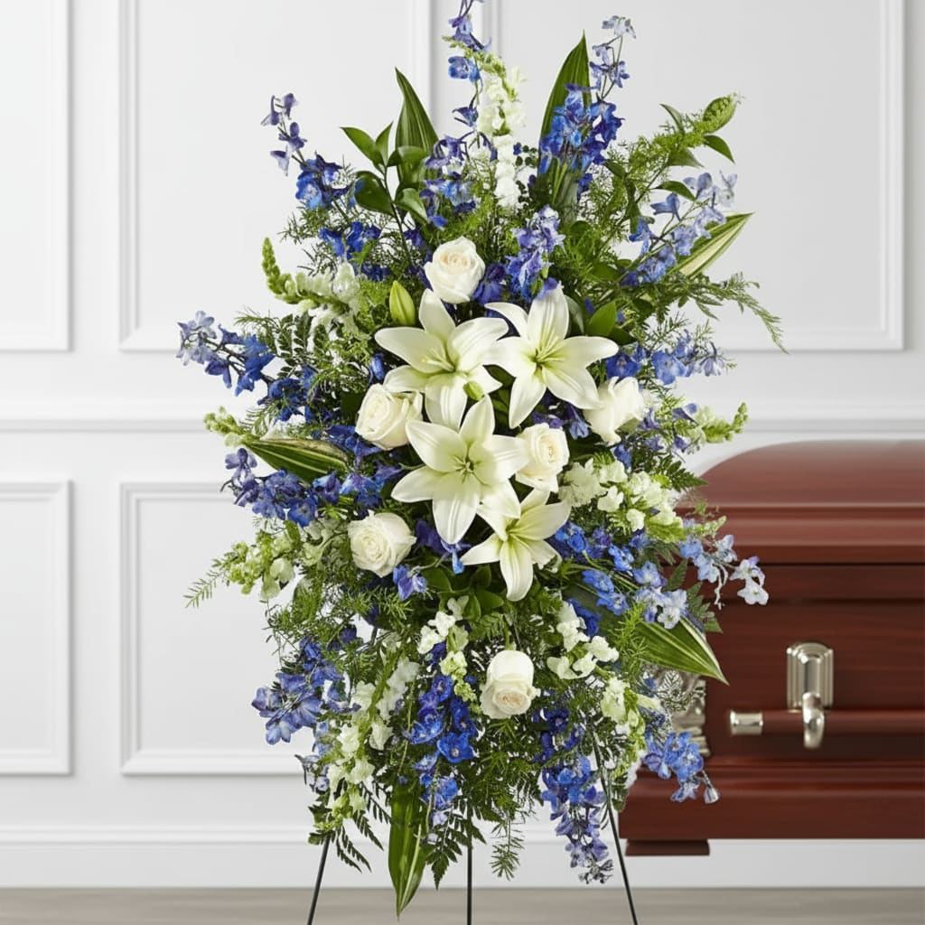 Faith Friend Standing Spray  - A collection of bold blue flowers shares a tribute that words cannot express. Designed with lilies, roses, delphinium and snapdragons our Faithful Friend Standing Spray is a grand gesture to express kindness and solace to a loved one.
