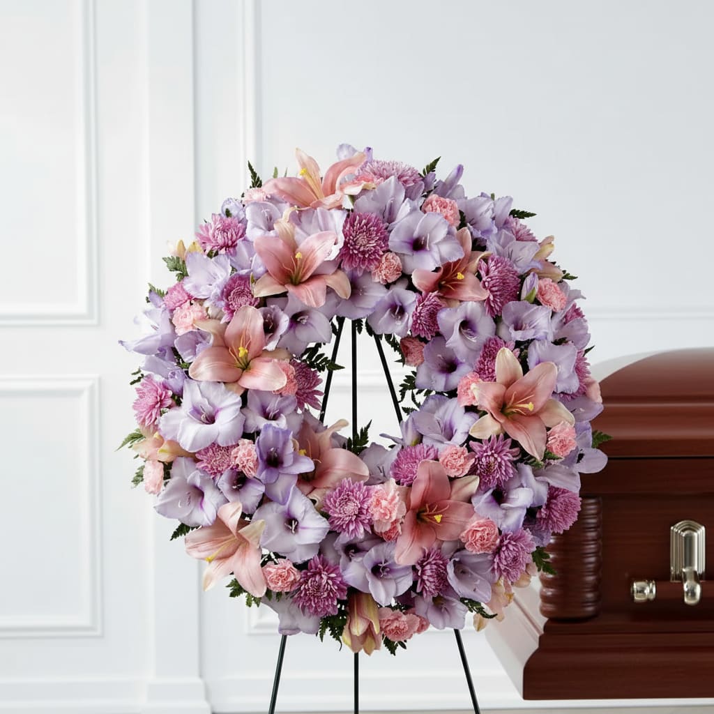 Lavender and pink floral funeral wreath on a stand beside a casket