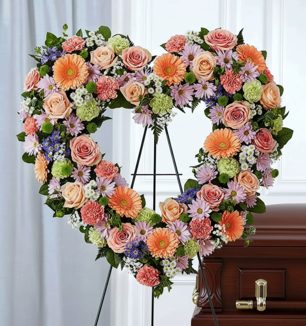 Heart-shaped floral spray on an easel beside a casket
