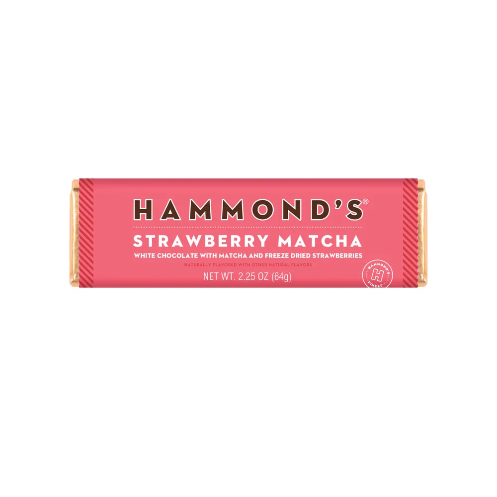 Pink Hammond's strawberry matcha chocolate bar wrapper