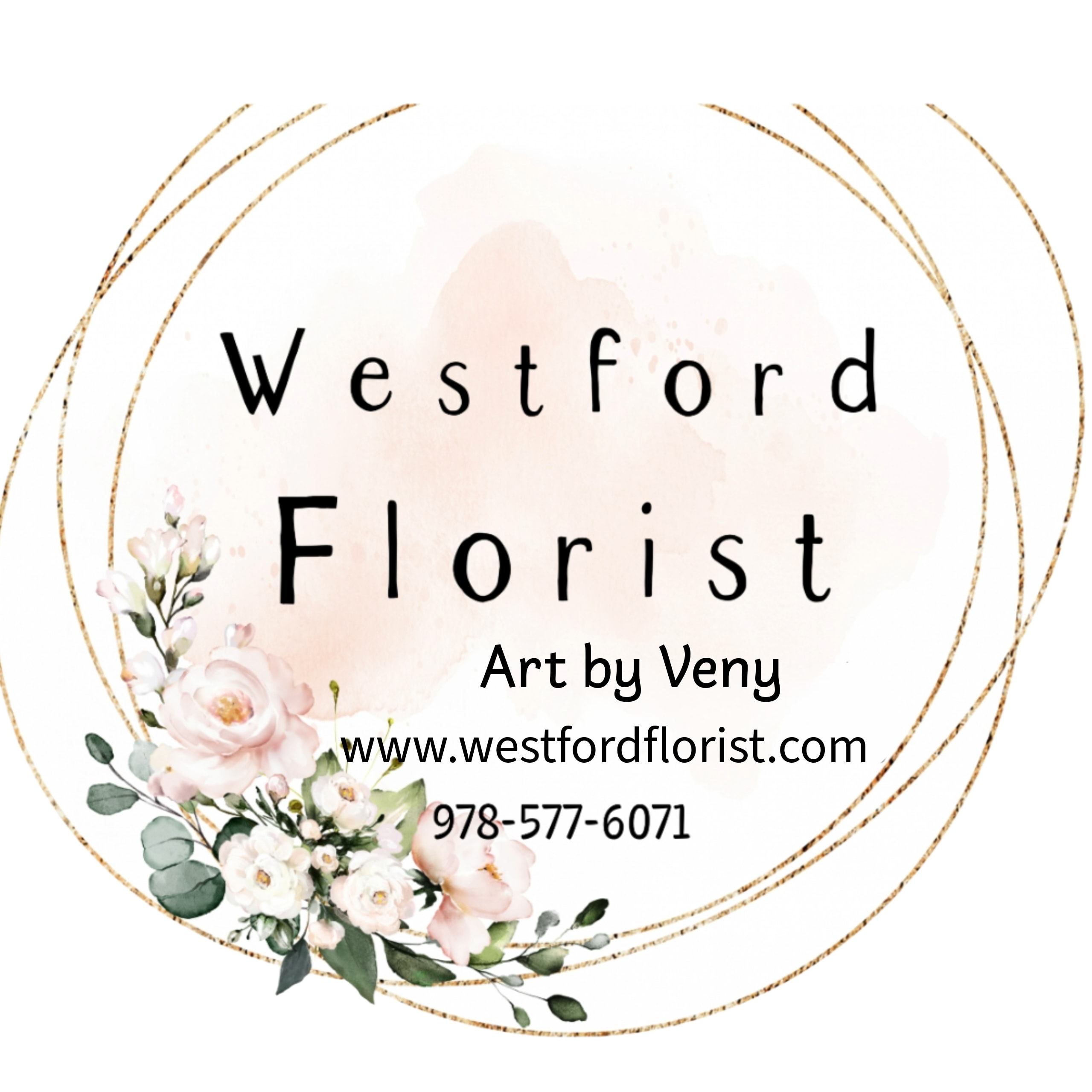 Westford Florist logo with watercolor flowers and gold circles