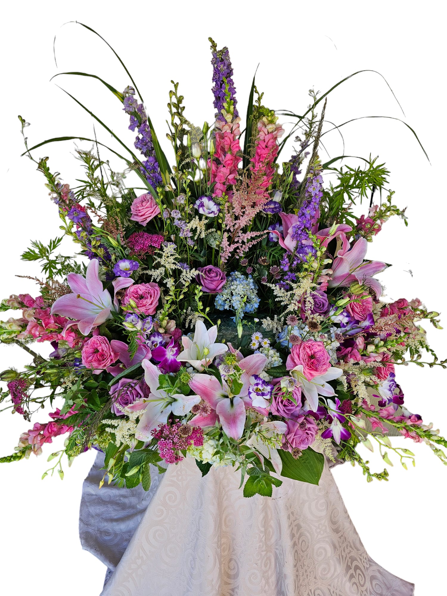 Large mixed bouquet with pink lilies, roses, and purple flowers