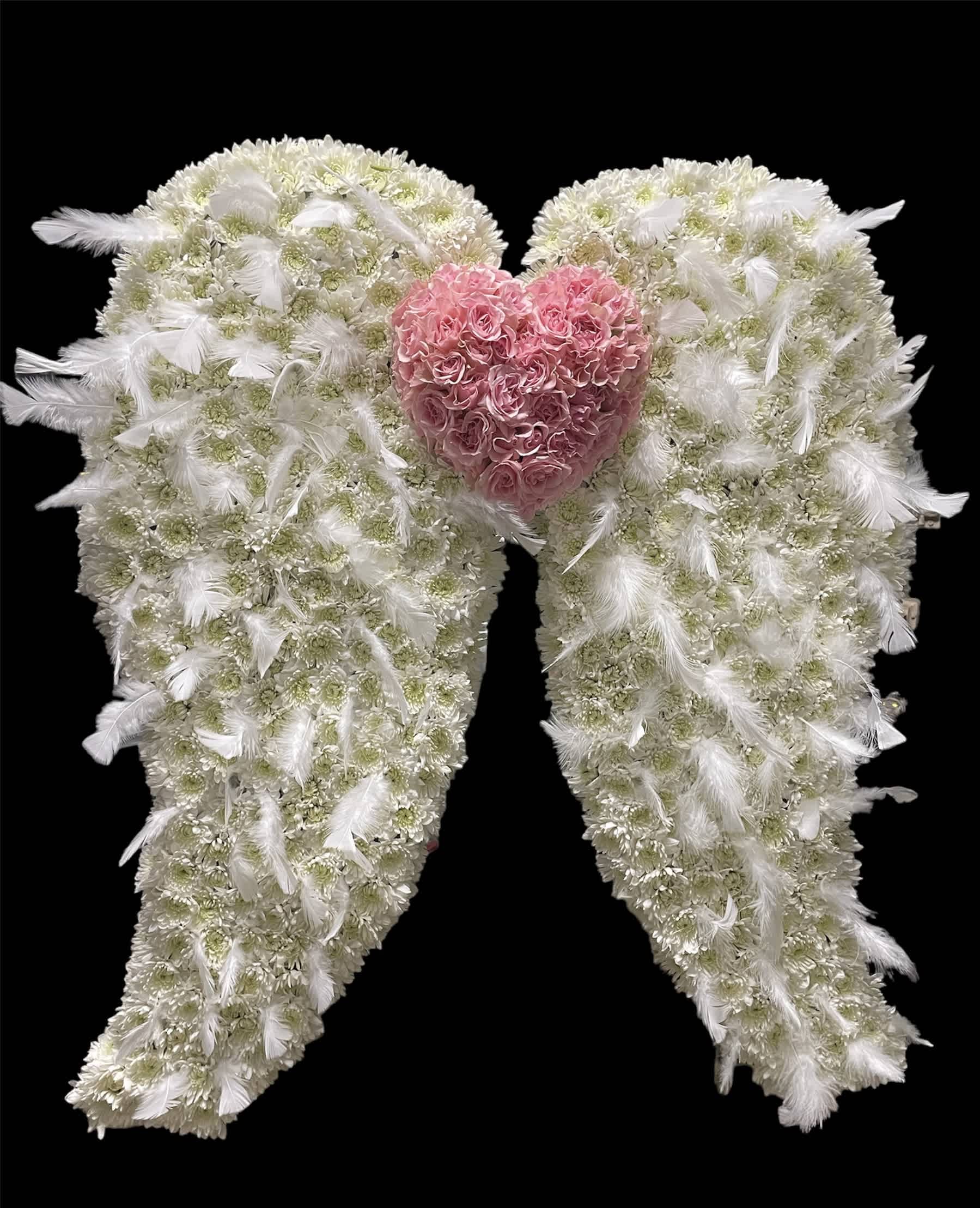 White floral angel wings with a pink rose heart center