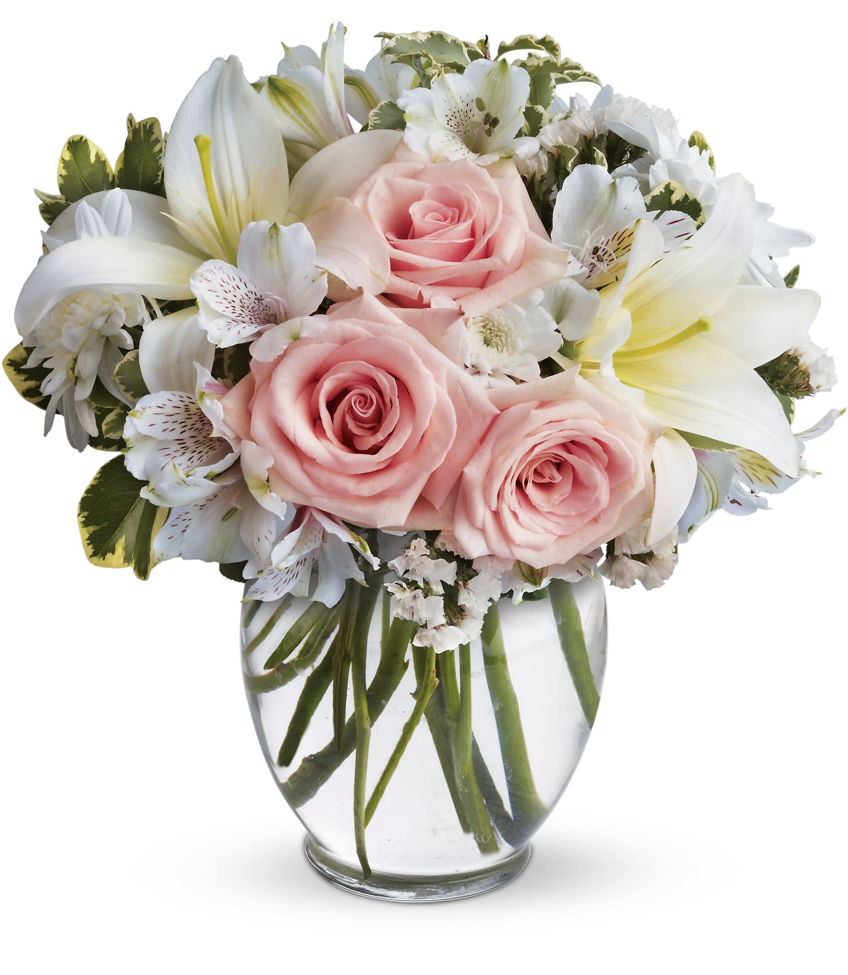 Arrive in Style  - This beautiful bouquet will most certainly arrive in style! Ready for the runway, as it were. A delightful combination of light colors and lovely flowers, it's simply beautiful. Available in other colors, please call for details. Lilies are TOXIC to cats.