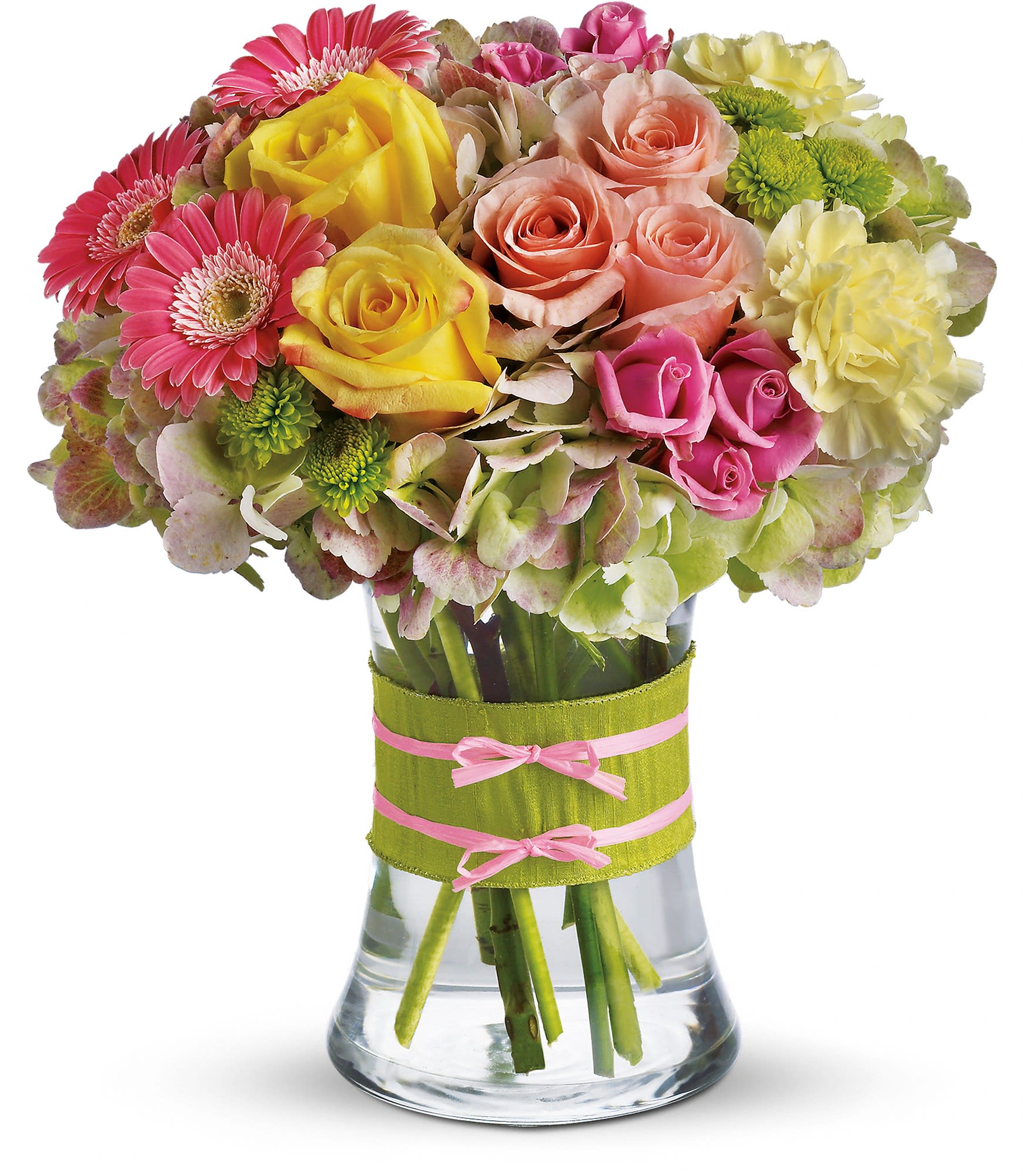 Fashionista Blooms - This arrangement would be perfect for anyone with an eye for style. It's a must-have for fashionistas everywhere. Ribbon treatment may vary.  Gorgeous green hydrangea, yellow and light pink roses, pink spray roses and mini gerberas, light yellow carnations and green button spray chrysanthemums are delivered in a pretty gathering vase. Not just any vase, of course, this one's accessorized with a chartreuse taffeta ribbon and pink raffia.  Approximately 10" W x 11" H  Orientation: All-Around      