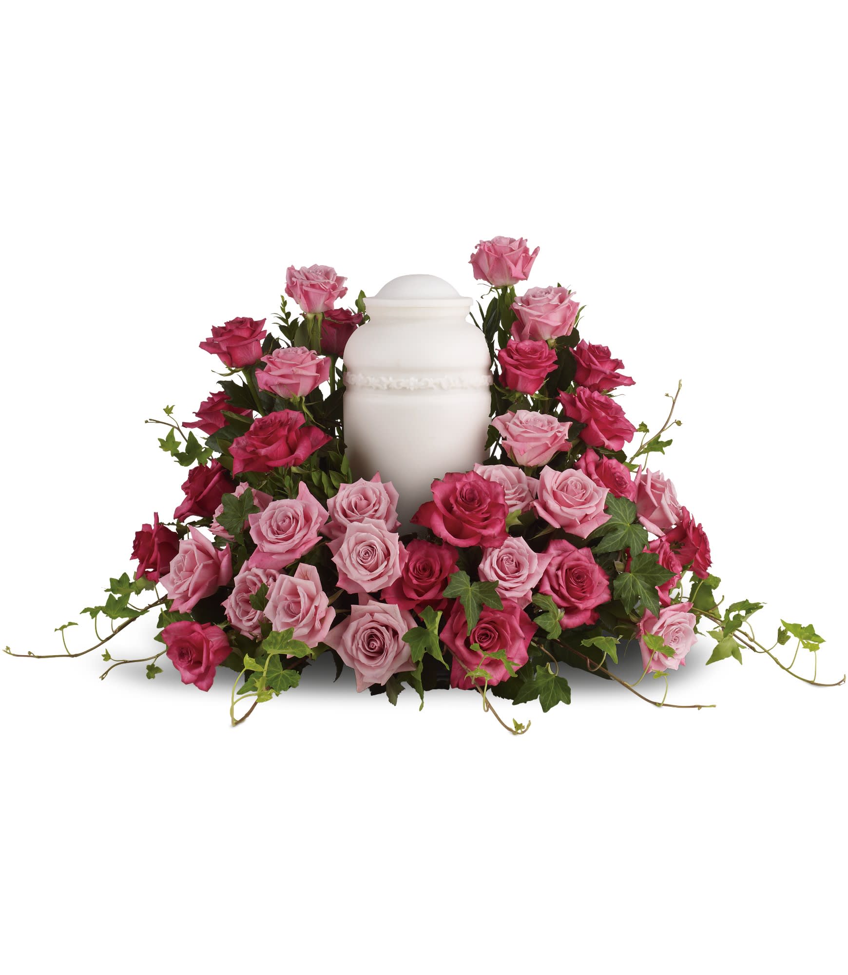 Bed of Pink Roses/ color options  - A loving embrace. A beautiful gesture. A respectful tribute. A wealth of pink roses create a soft, serene and dignified way to cherish and honor the departed. ***Please call to discuss size needed, color options and banner requests.*** Coordinating vases and baskets available for either side of urn.   Custom sized to fit urn selected.  Available in many colors.  Please call for assistance. 