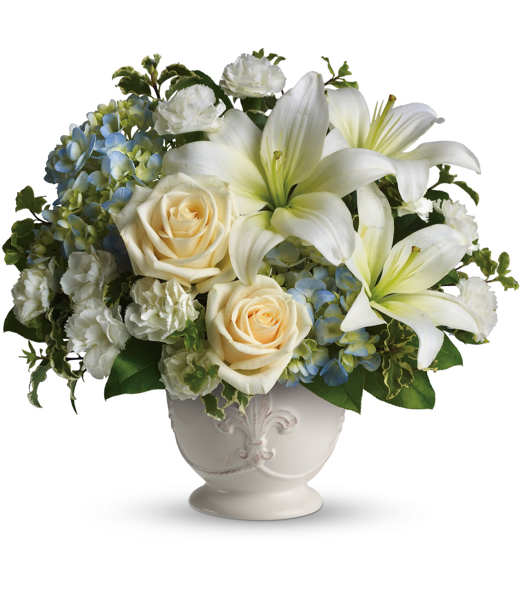 Beautiful Dreams  - Soothing and respectful. Calm and compassionate. This beautiful collection of white and light colored blossoms will deliver your loving thoughts perfectly. Color options- call for details. Exact vessel may vary.  We recommend this be designed  in a tall clear vase if for a funeral service to make it showier- call to discuss please.