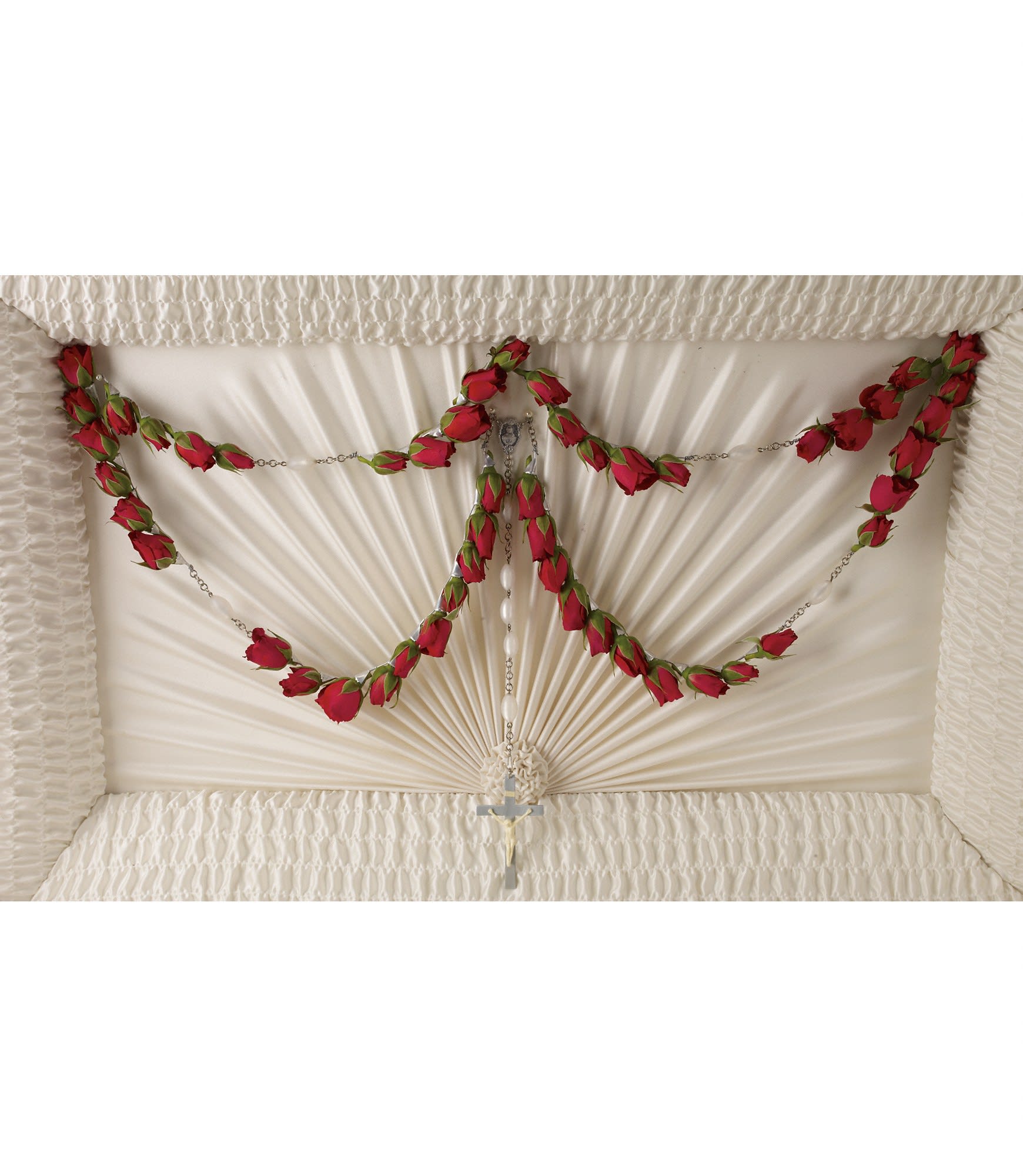 Divine Grace 50-Bead Rosary- color options - For the Catholic service, this exquiste 50-bead rosary graced with red roses placed in the casket lid is a beautifully spiritual tribute to a departed loved one. ***** Larger version (to place around your loved one)available also with 53 beads (roses) and metal (not plastic) cross. Smaller symbolic version (18 beads) as well.  Available in many colors. Please call for pricing and color options 