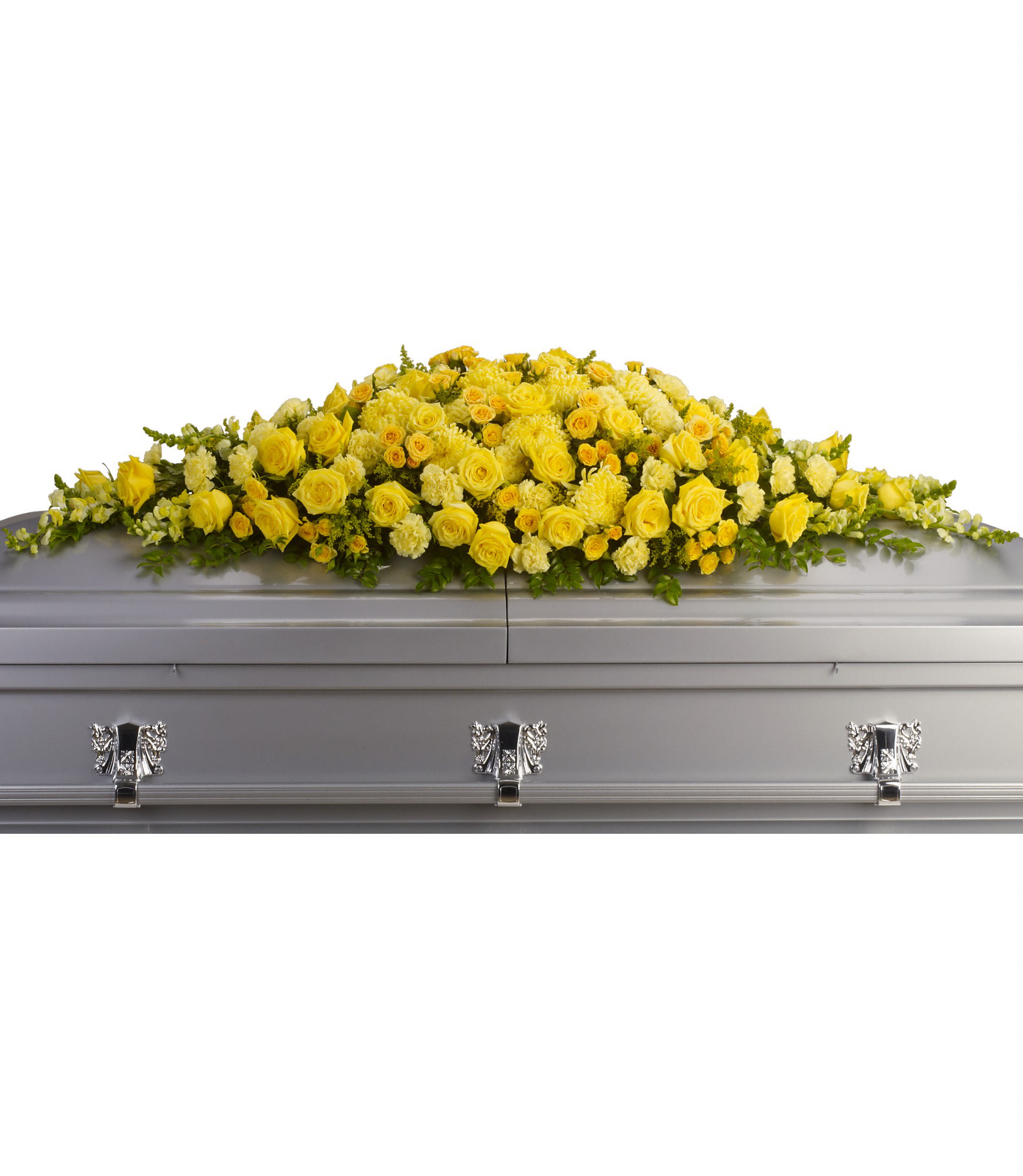 Golden Garden Closed Casket Spray- smaller version for open casket available - In our darkest hours, a radiant display of sunshine is sure to warm hearts, especially when the sunshine is delivered in such a beautiful way. This spray offers an abundance of brilliant yellow blossoms. We often add some white or other colors to soften this design.  Designed here for a closed casket, a smaller version available for an open casket.   Color accents or variations available, please call for assistance and pricing as well as a custom banner. 