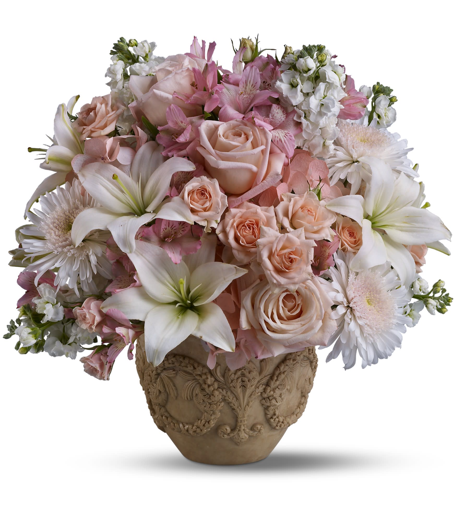 Garden of Memories - A garden of heavenly blooms offers an elegant and timeless tribute, beautifully honoring the spirit of the most precious departed. ***Available in other colors and can be designed in a woven basket or quality vase.  ***Please call for options or banner needed-occasionally urn substitutions required. 