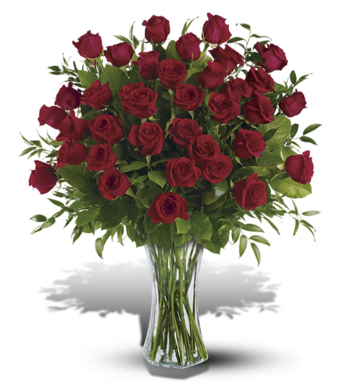 3 Dozen Roses - Three dozen long-stemmed red roses in a striking glass vase. Approximately 30" W x 34" H. ***Call for other available colors!