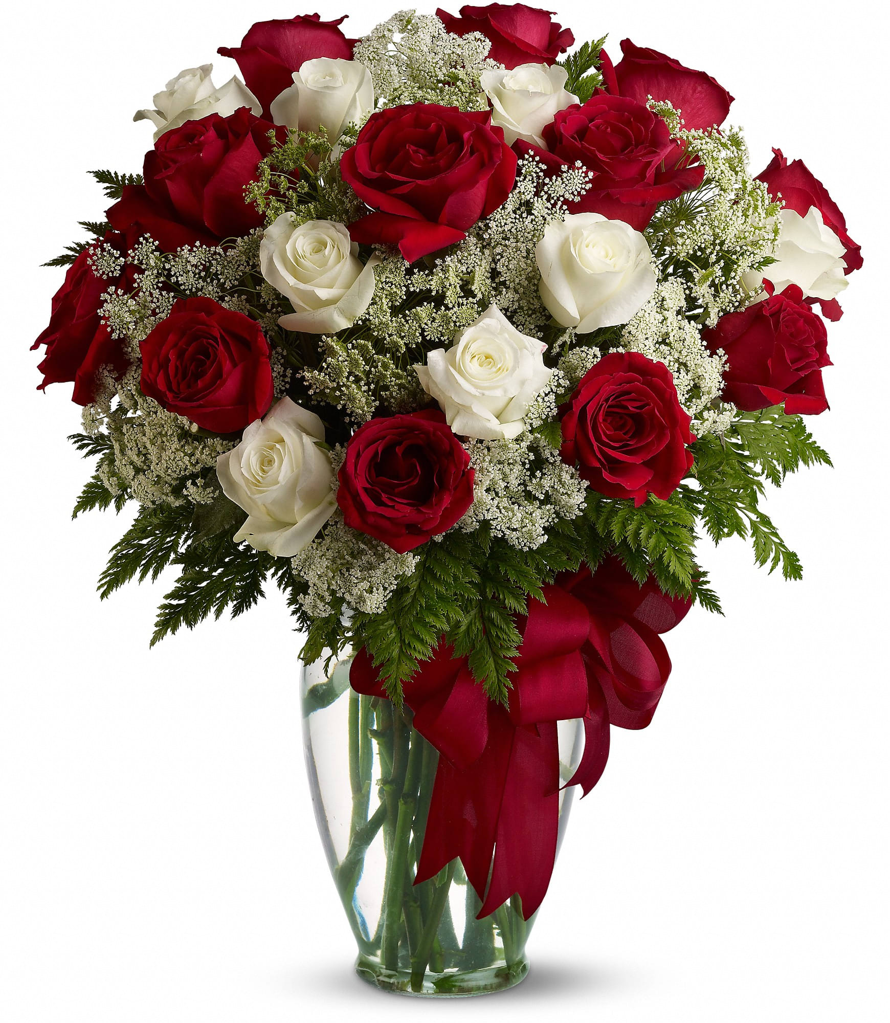 Love's Divine Bouquet - Long Stemmed Roses - Love's divine, and roses are too. At almost two feet tall, this beautiful mix of red and white roses - accented with Queen Anne's Lace, and adorned with a bold red ribbon - is a timeless gift for your beloved. Call for other colors! Add winter greens and pine cones for Christmas! Other colors available- please call for options Red and white roses accented with Queen Anne's lace and more are delivered in a glass vase accented with a red satin ribbon.  Approximately 18" W x 23" H  Orientation: All-Around      As Shown : T11Z101A     Deluxe : T11Z101B     Premium : T11Z101C  
