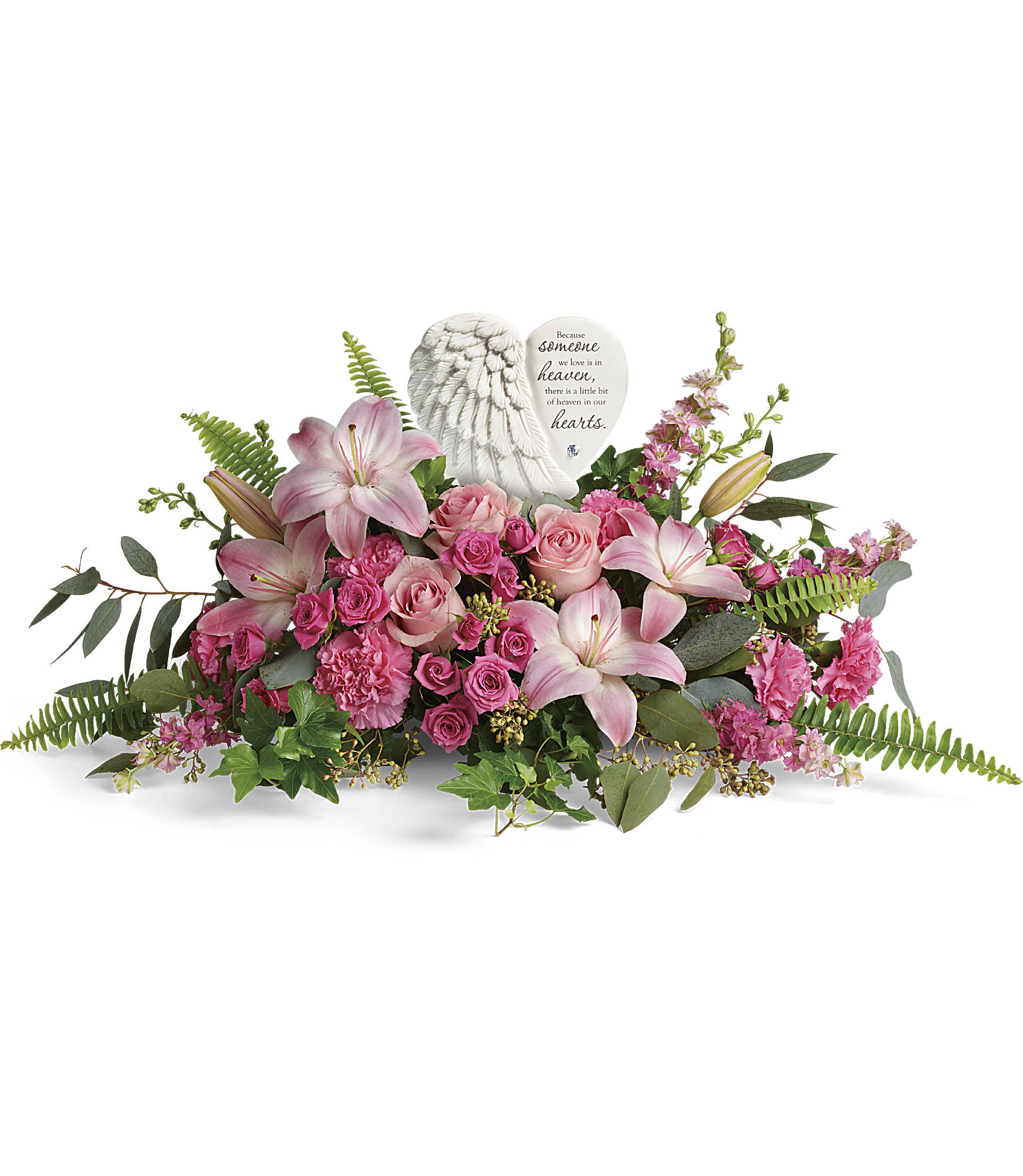 Pink lilies and roses arranged with an angel heart memorial plaque