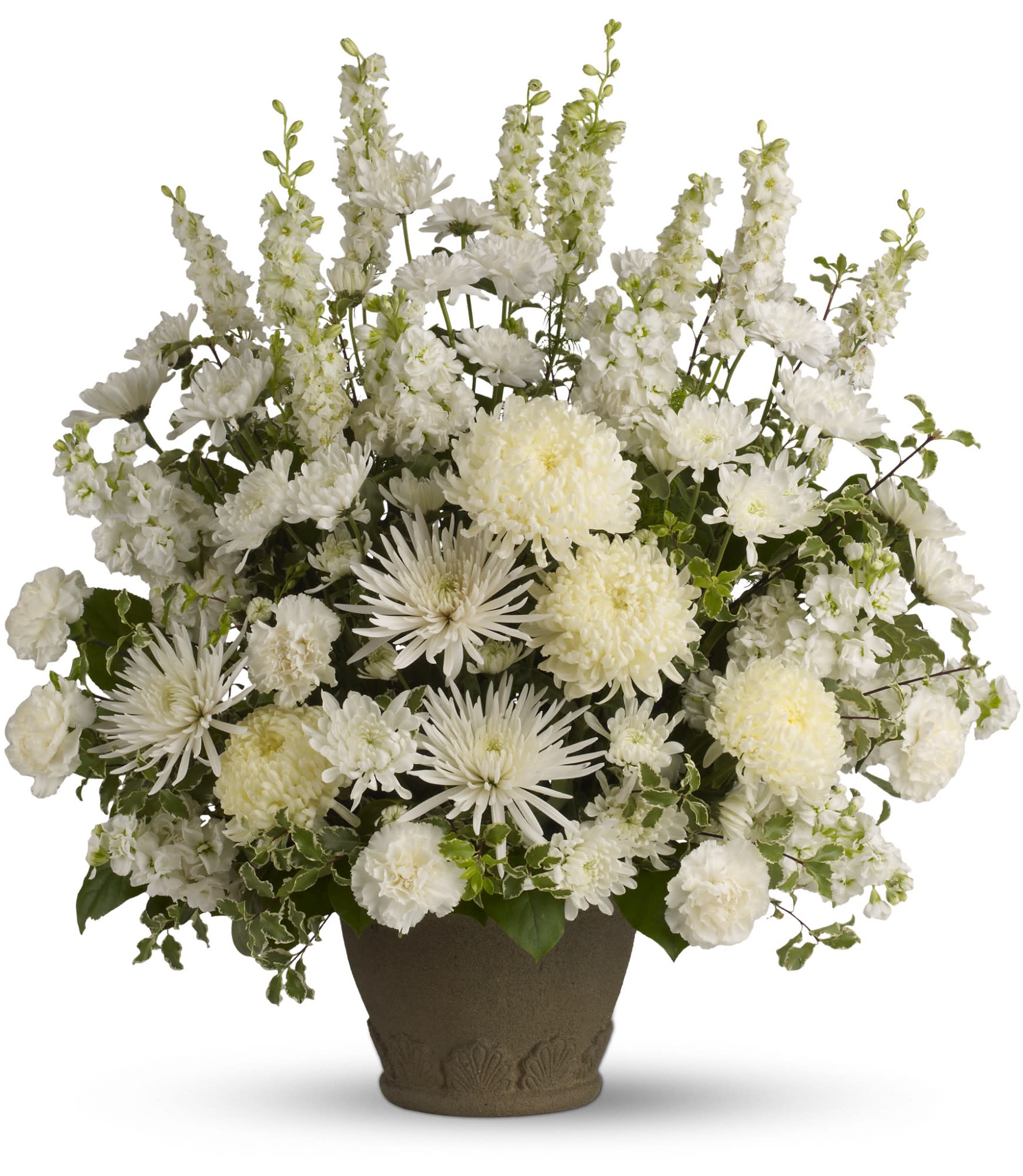 Pure and True - This magnificent bouquet of classic all-white flowers in a graceful urn ( style may vary) or designed in a woven basket. It is an eloquent expression of sympathy. For the service or for the home, it is a lovely way to let the family know that you are thinking of them. Call for color accents and banner.