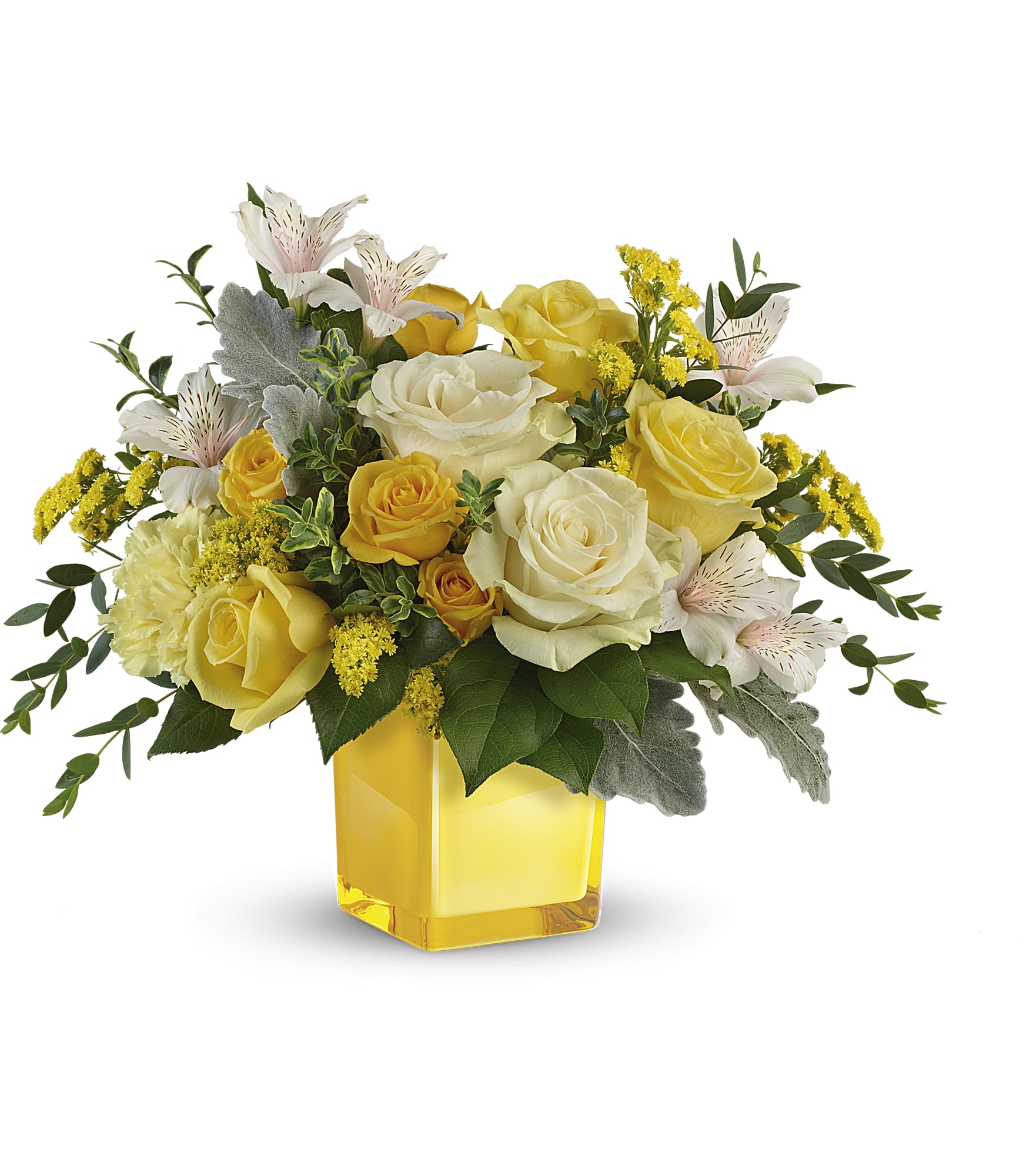 Sweet Sunlight - Bring sunshine to any occasion with this radiant bouquet of classic white roses and cheery yellow blooms! Arranged in a coordinating keepsake cube (designer's discretion to exact cube color due to availability), it's a gift that keeps on giving.