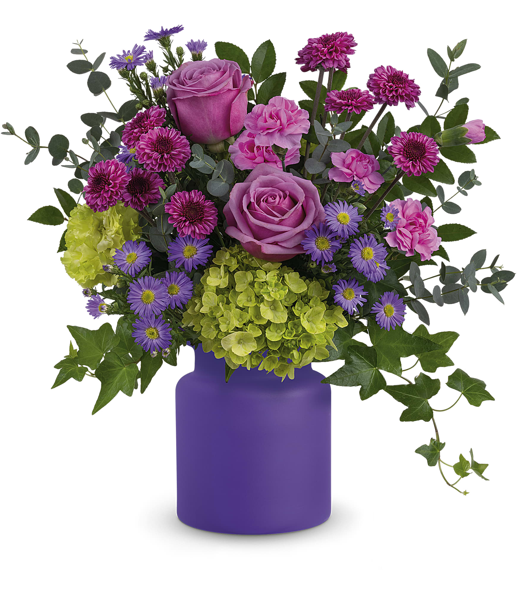 Pink and purple mixed bouquet in a purple vase