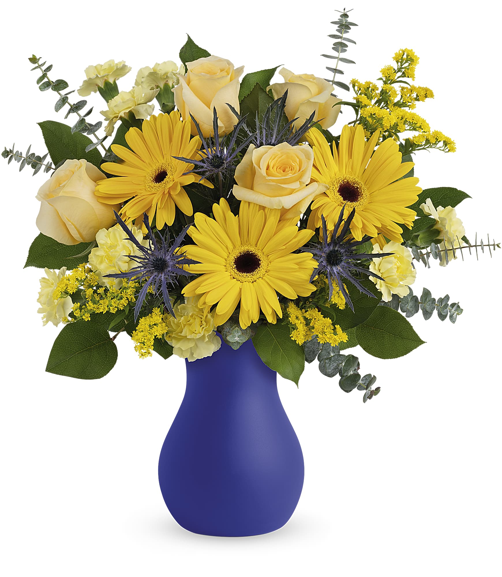 Yellow roses and daisies in a blue vase