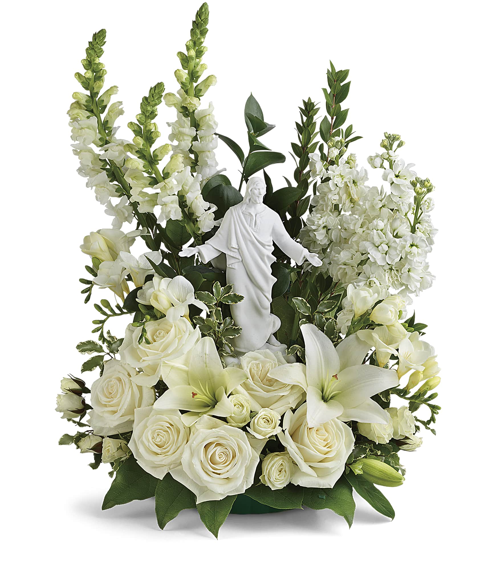 Garden of Serenity Bouquet - This exquisite porcelain sculpture of Jesus surrounded by radiant flowers will be a source of comfort to loved ones during a time of loss, or sent to a religious person. Your thoughtfulness will be long remembered.  Exact flower combination may vary.  Can also add touch of color if you like- call to discuss! This is a table arrangement.