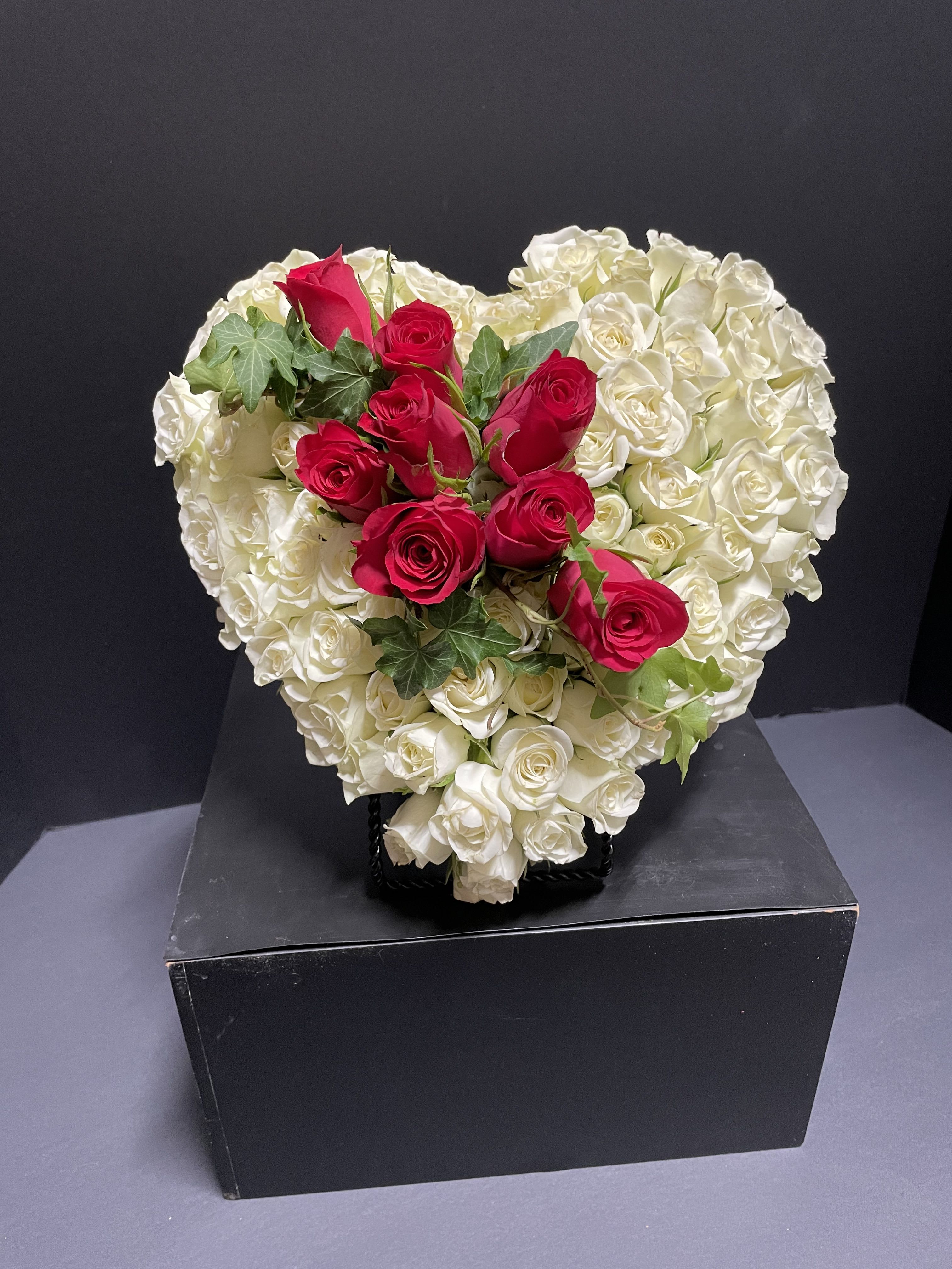 White Mini Heart with Colored Accent Sash - All mini rose personal heart.  For display in casket to honor your loved one.  Can also be displayed on easel for closed casket or cremation needs.  Sash color options available, please call to discuss.