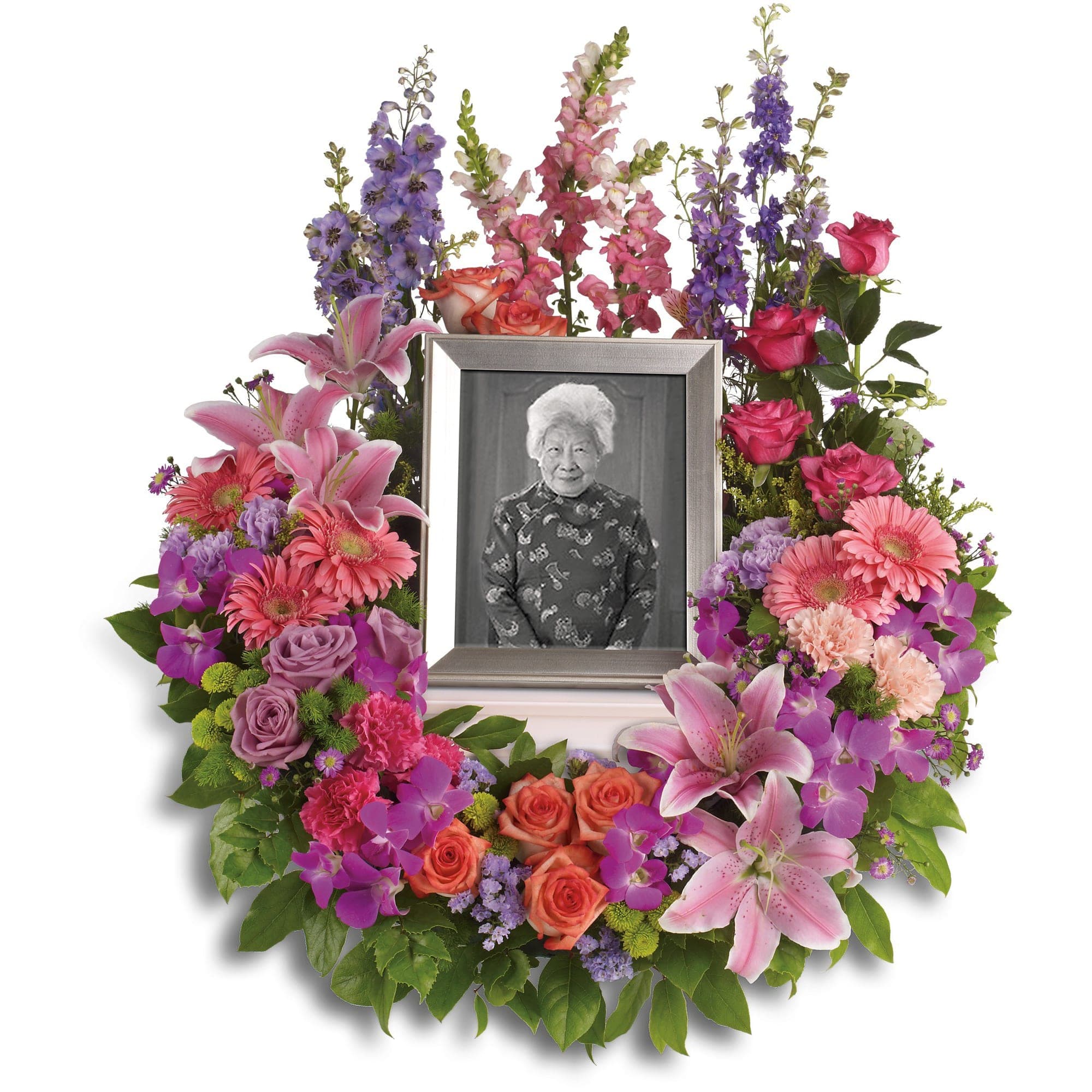 In Memoriam Wreath for photo or cremation urn - Devotion is expressed and beautiful memories cherished with this deep-hued and softly elegant wreath. A lovely reminder of your affection and respect. Size of frame or urn dictates price. Please call to discuss. Frame not included. 