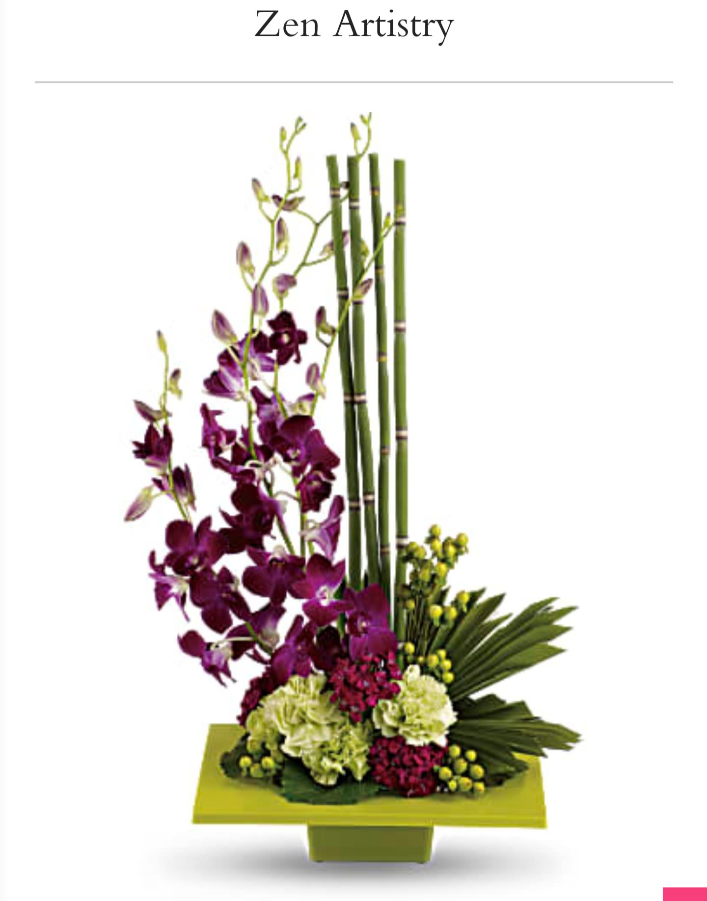 Purple orchids arranged with bamboo stalks in a green container