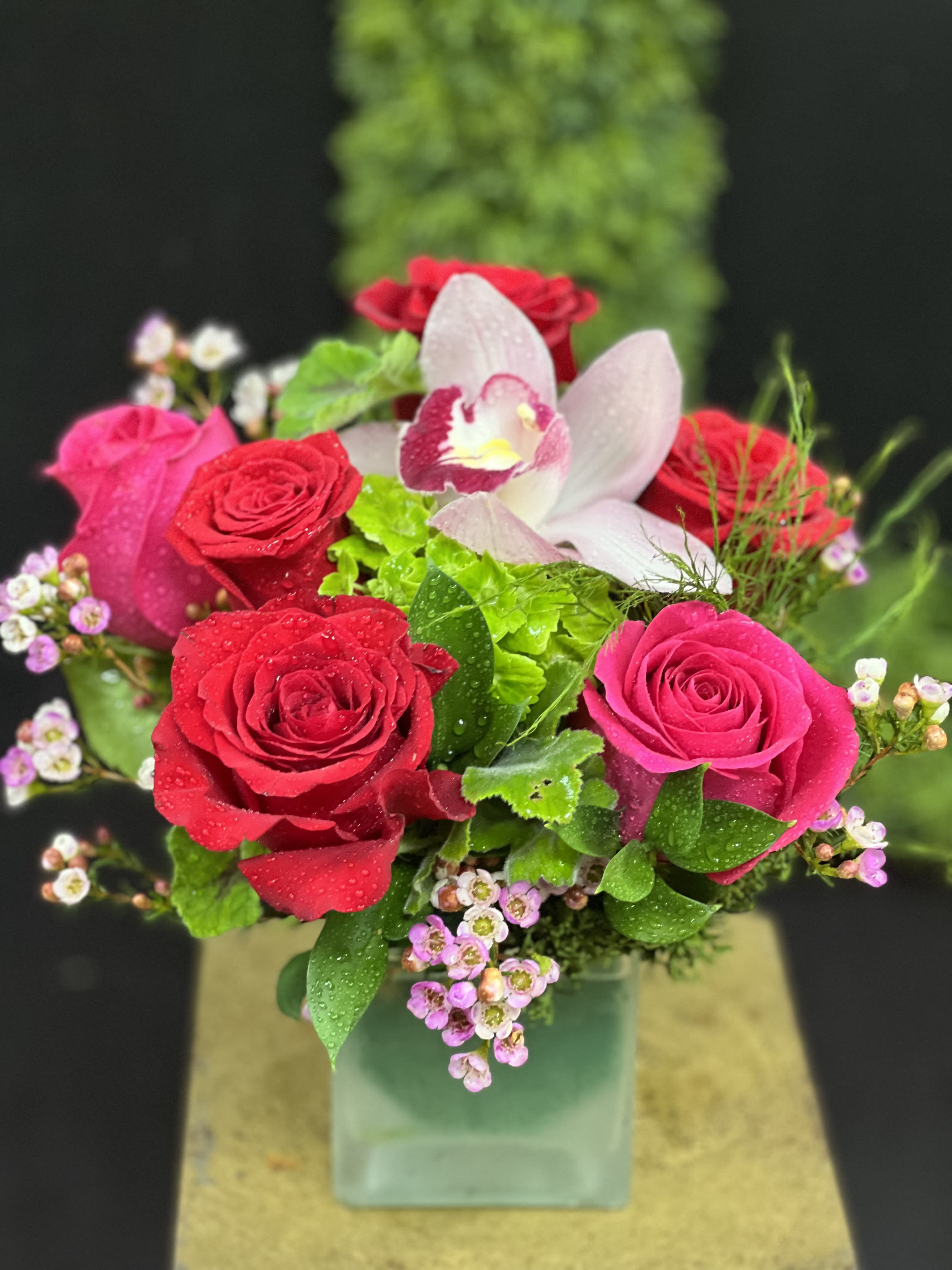 Bouquet of red and pink roses with a white orchid in a square vase