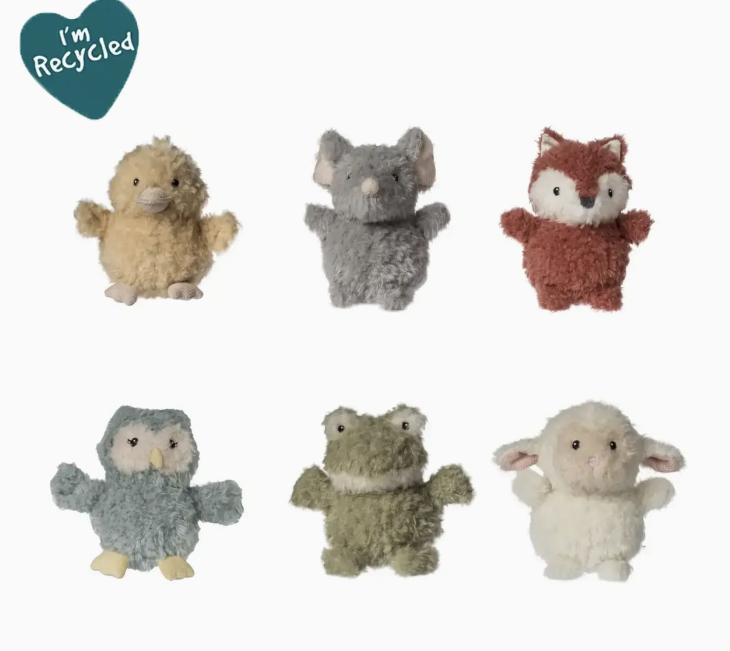 Six small plush animal toys arranged on a white background