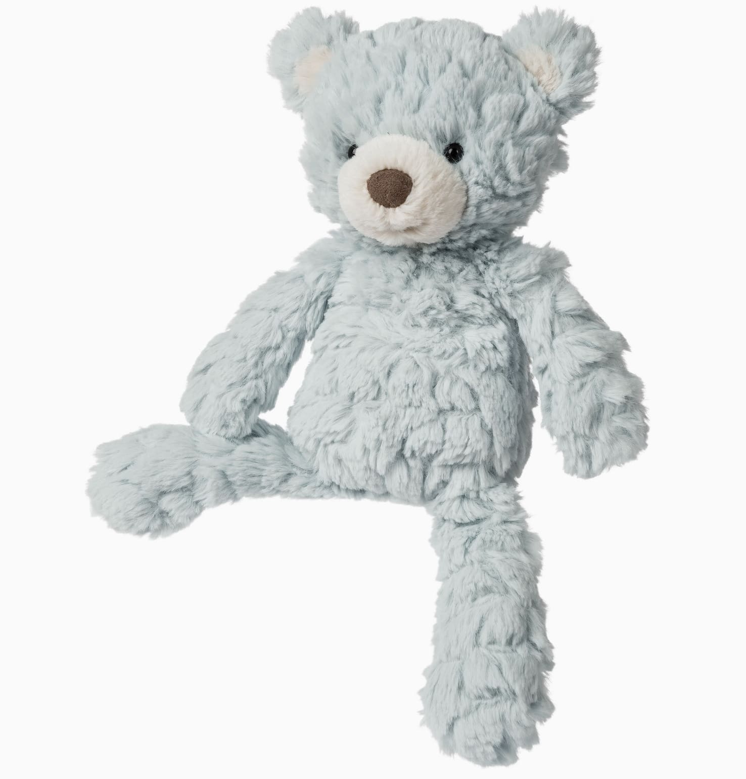 Light blue plush teddy bear with a white snout on a white background