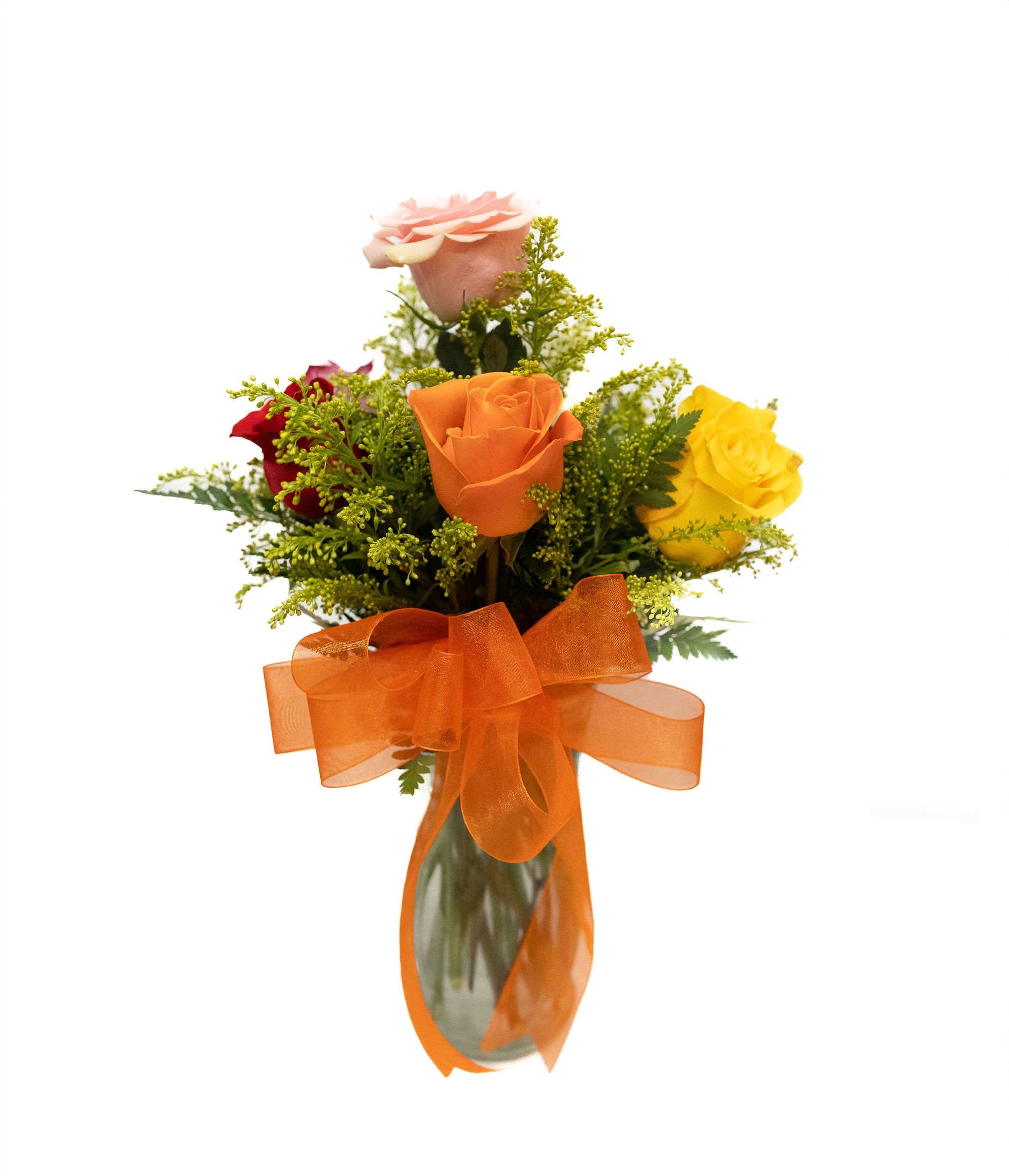 HALF DOZEN MULTI COLOR ROSE ARRANGMENT - Half dozen multi colored rose arrangement is arranged beautify in a vase.