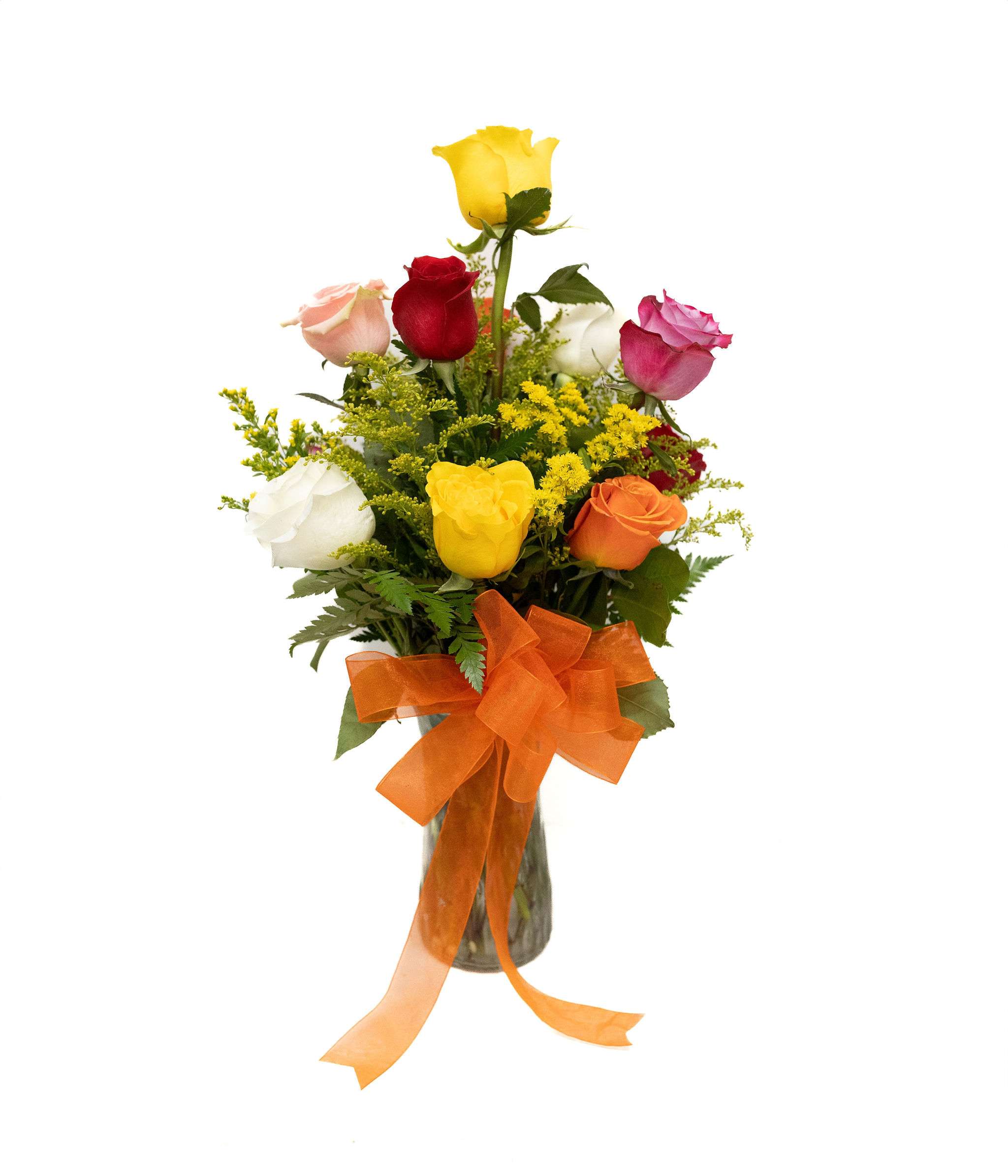 1 DOZEN MULTI COLORED ROSE ARRANGEMENT - 12 BEAUTIFUL COLORED ROSES ARRANGED IN A VASE FOR EVERYDAY!