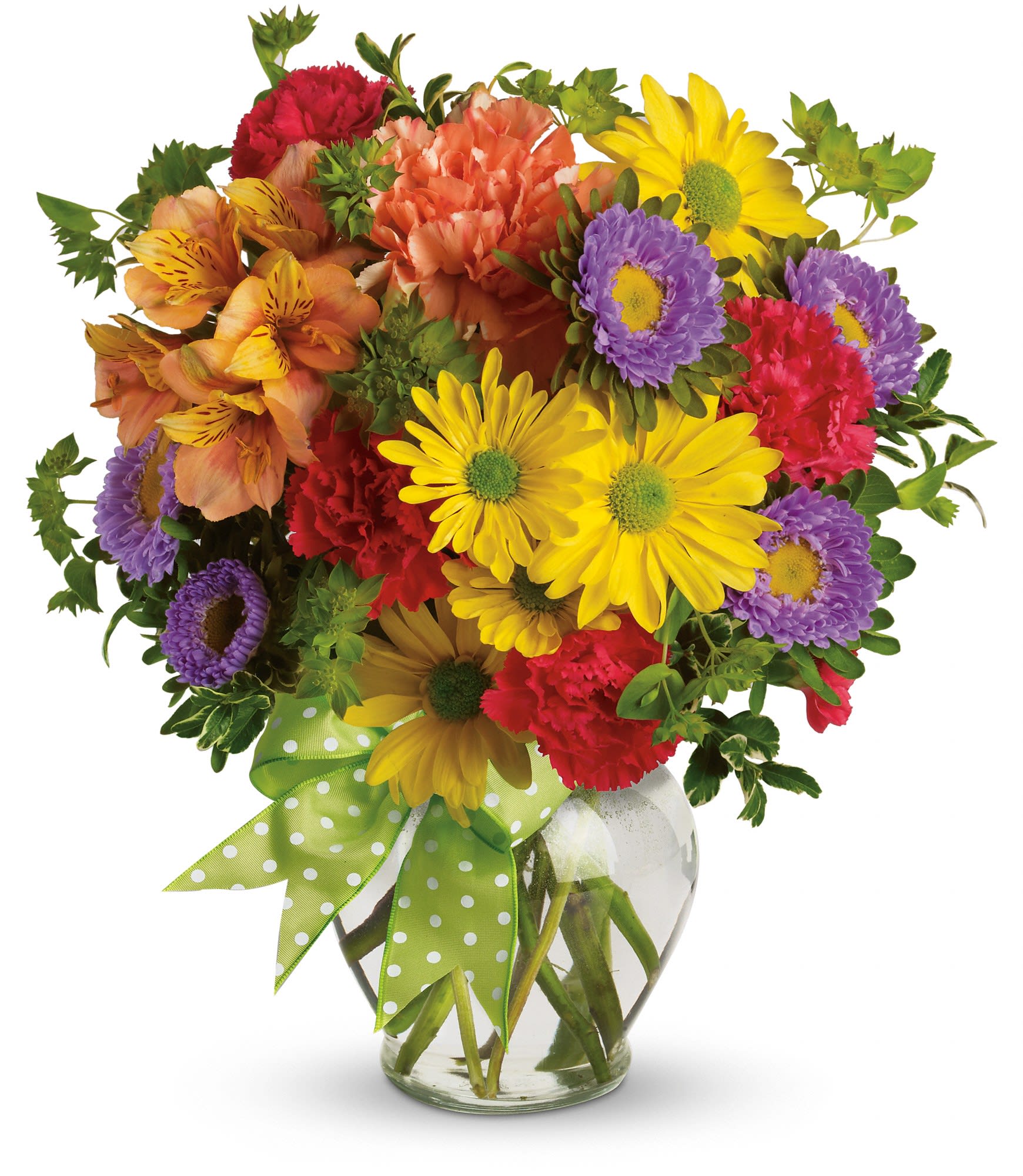 Make a Wish  - A summery mix of yellow daisy chrysanthemums, purple asters and red and orange carnations - arranged in a clear ginger vase and adorned with a cheerful green plaid bow - will make their wishes come true!
