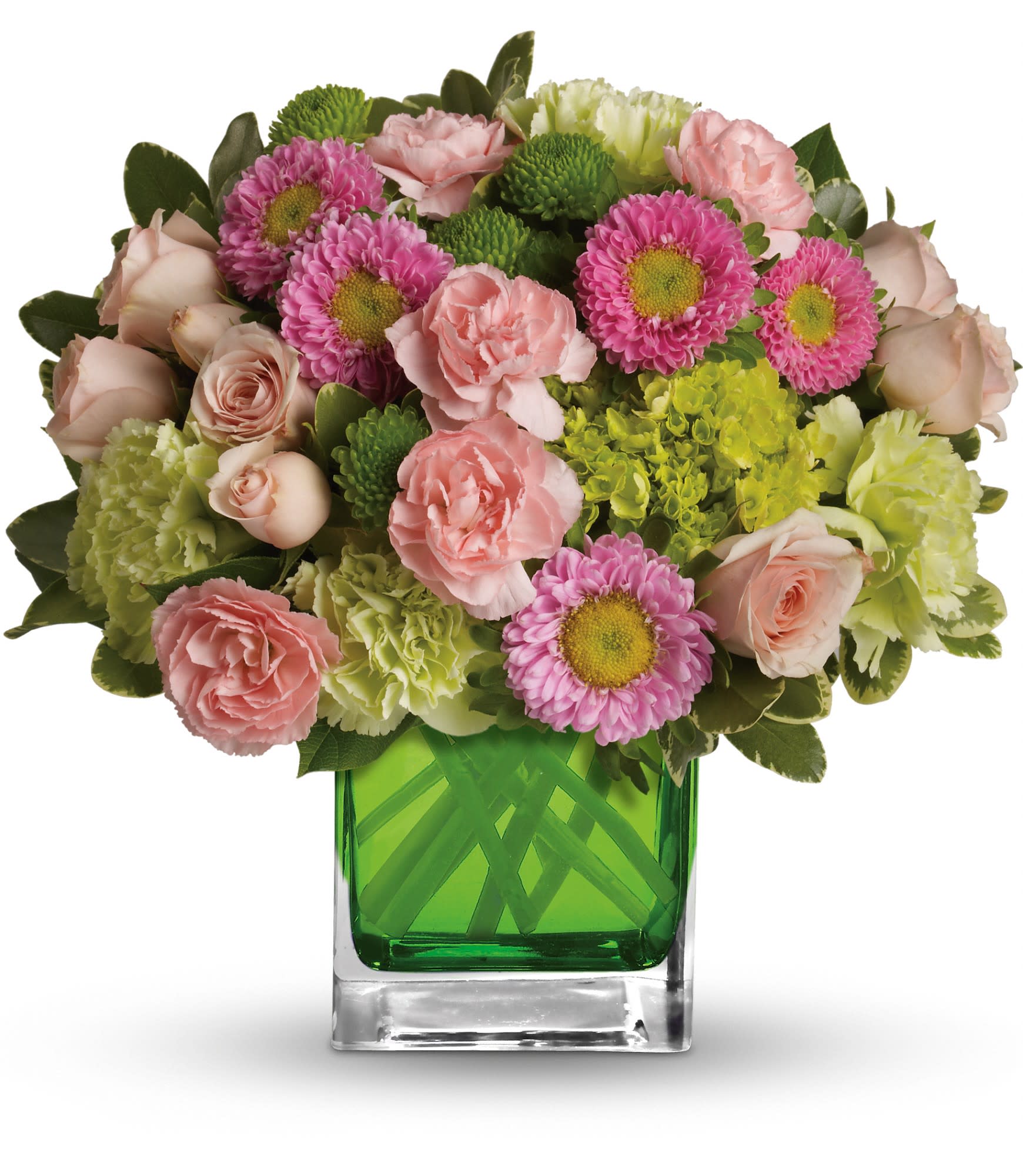 Make their day - Sweetly sophisticated, this arrangement of green miniature hydrangea and light pink spray roses presented in our citrus green glass cube is the perfect gift.