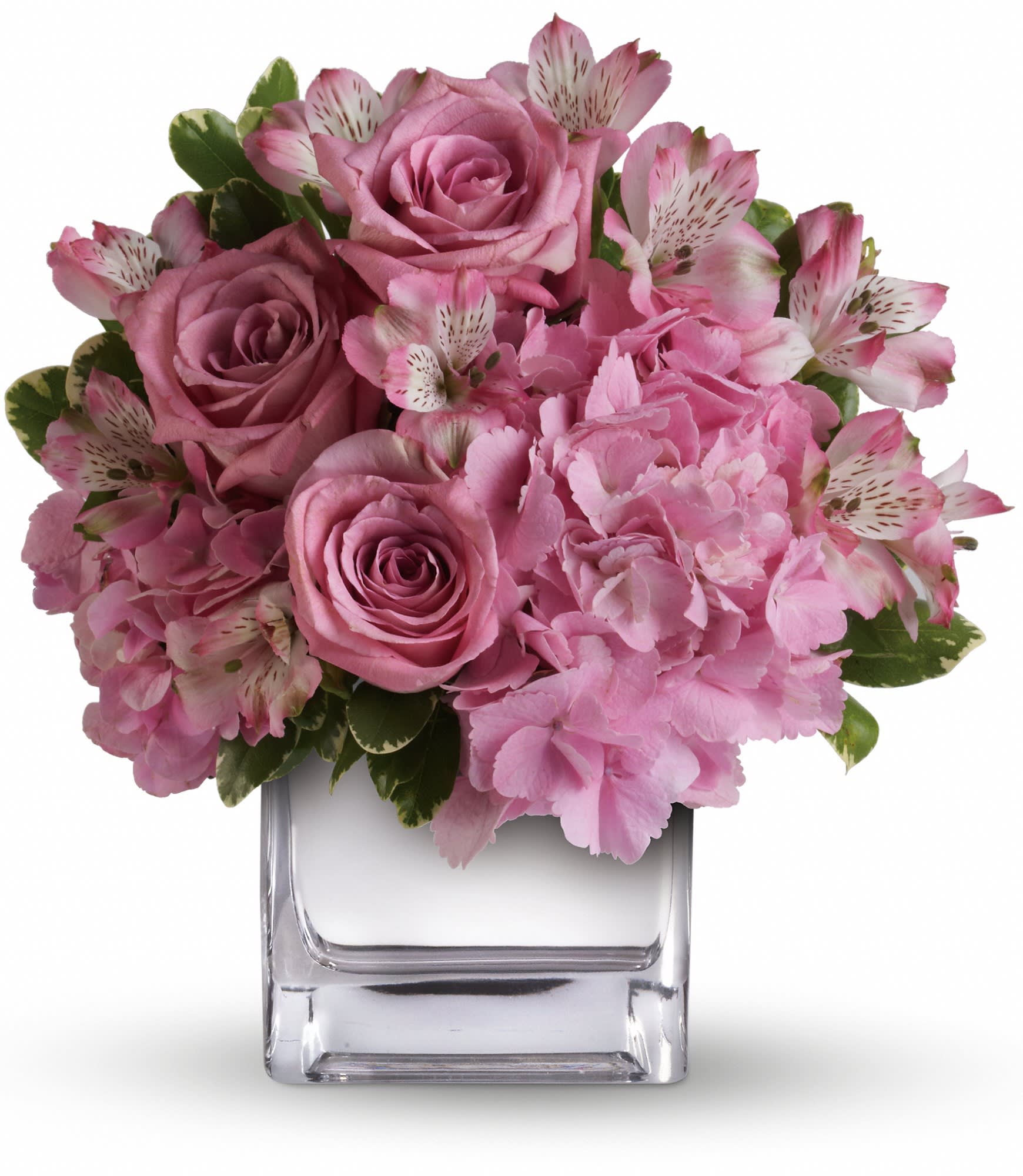 Be Sweet Bouquet - Nothing's too sweet for the sweetest woman in the world. Surprise her with a delightfully dainty bouquet featuring delicate lavender roses and pink hydrangea in a cube vase. You'll make her day, her week, her month!  The beautiful bouquet includes pink hydrangea, lavender roses and pink alstroemeria accented with fresh greenery.Delivered in a contemporary glass cube with a mirrored silver finish.  Approximately 11" W x 11 3/4" H  Orientation: One-Sided  As Shown : T404-1A Deluxe : T404-1B Premium : T404-1C 