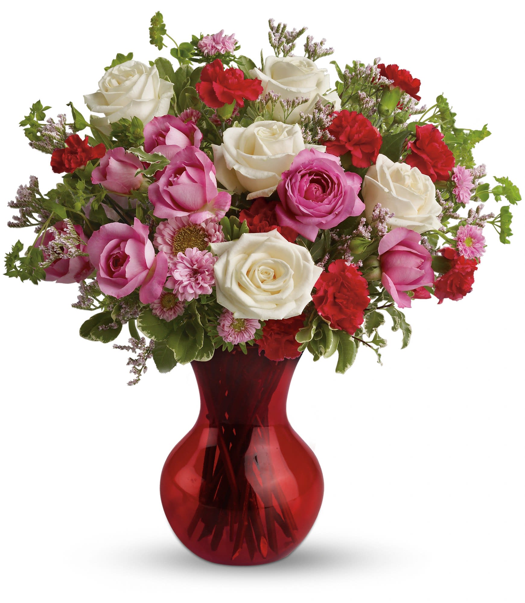 Splendid in Red Bouquet with Roses - A sweet, traditional bouquet in a red-hot contemporary vase, it's a great way to make that surprise party even more so! They'll love the gift, and you'll love the surprisingly low price tag. 