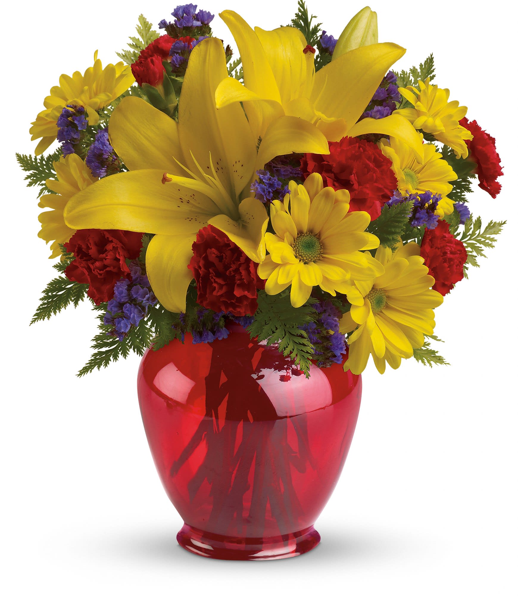 Let's Celebrate Bouquet - It's time to celebrate with bold, bright flowers! Arranged in a charming red ginger jar vase, this gorgeous gift of golden lilies and yellow daisies marks any occasion with pizzazz! 