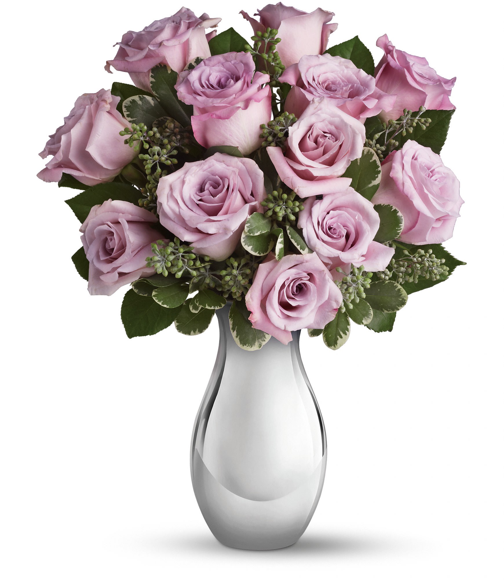 Roses and Moonlight Bouquet - Presenting one dozen luscious lavender roses artistically arranged in a glorious Silver Reflections vase - the effect is nothing short of breathtaking. Imagine her excitement when this magnificent bouquet arrives at the door. 