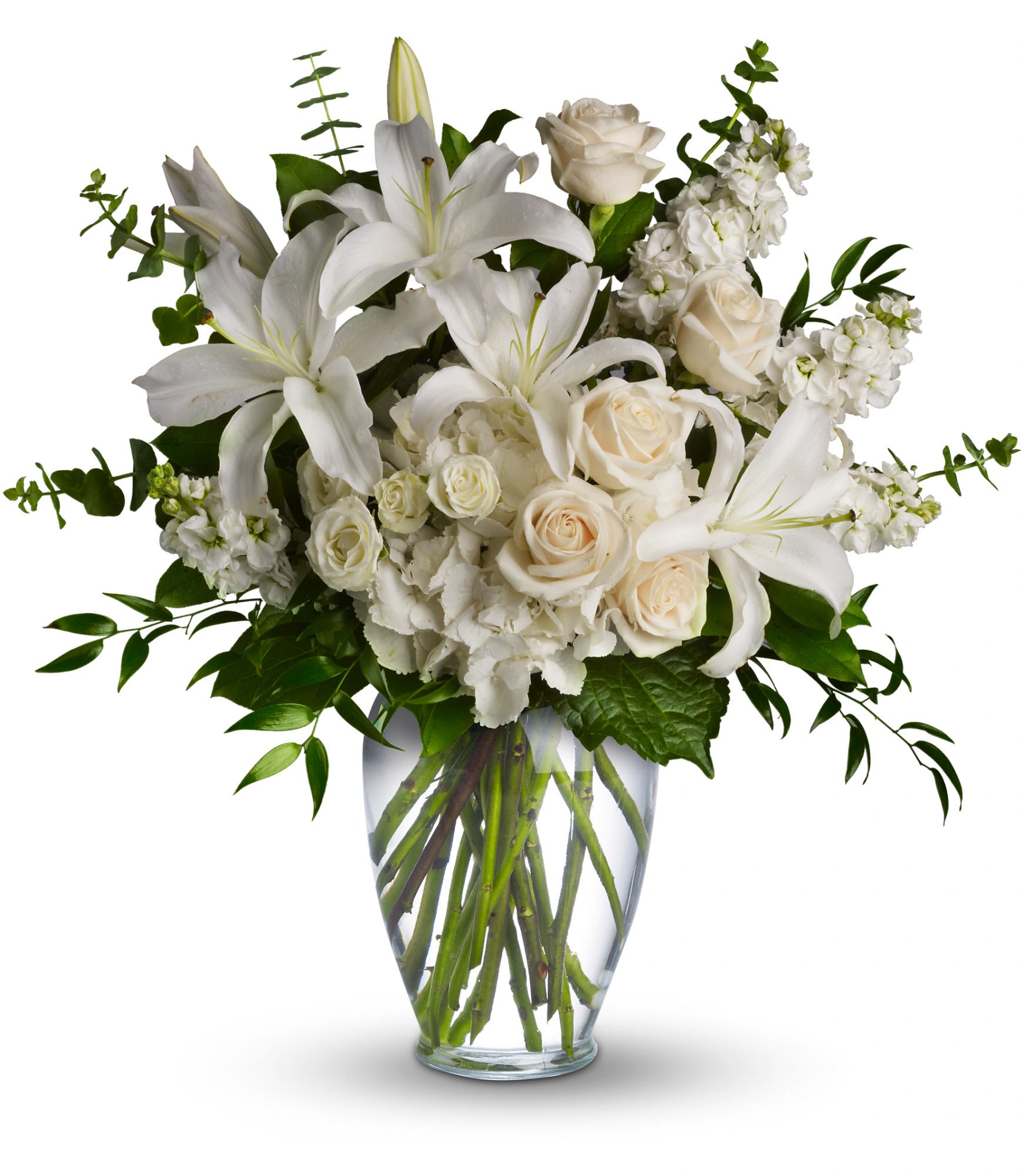 Dreams From the Heart Bouquet  - A lovely bouquet to soothe and comfort, a variety of white and peach blossoms sends your hope and strength. Beautifully.  Beautiful flowers such as white hydrangea, spray roses and stock, peach roses, eucalyptus and more fill a tall glass vase.  Approximately 24" W x 24 1/2" H  Orientation: One-Sided      As Shown : T208-1A     Deluxe : T208-1B     Premium : T208-1C   