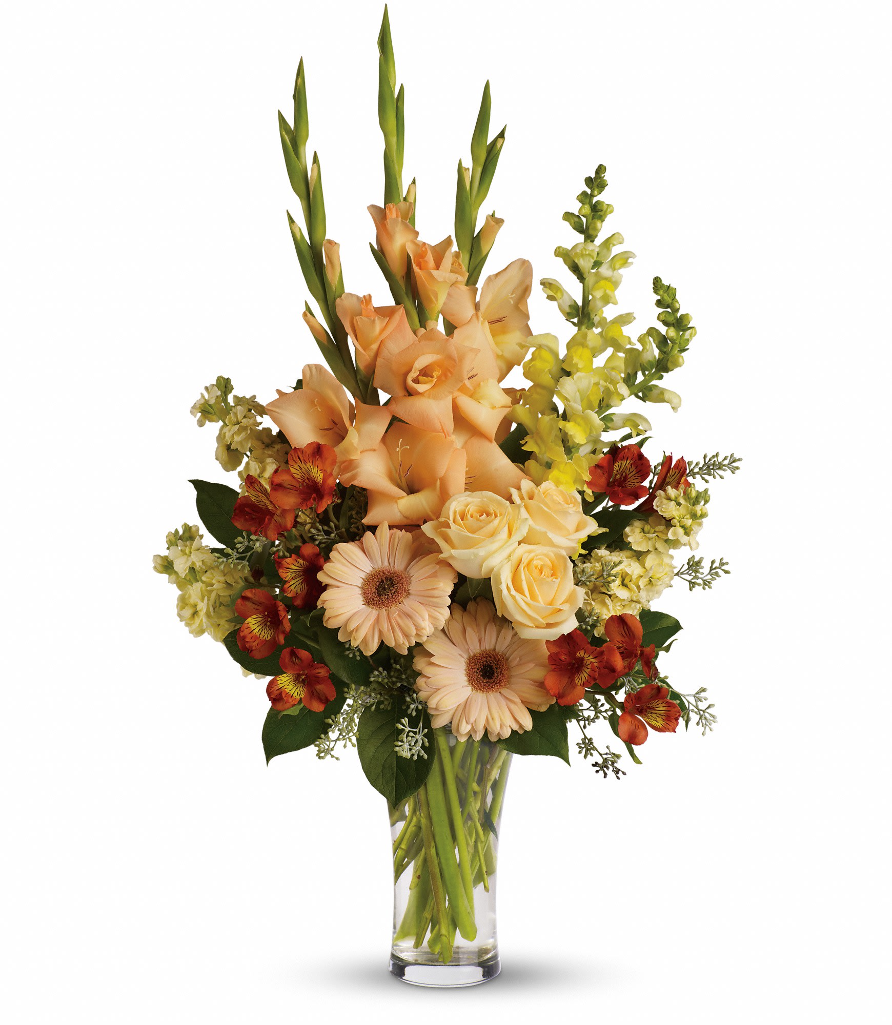 Summer's Light Bouquet  - Express your condolences in tasteful shades of color with peach, orange and yellow flowers in a stylish trumpet vase. For the service or the home, it is an elegant choice. 
