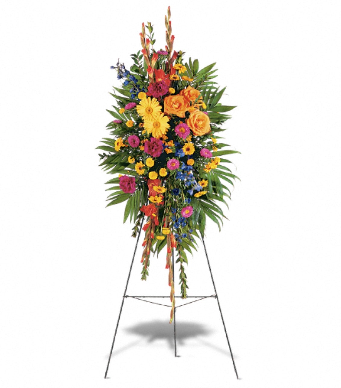 Celebration of Life - One standing spray arrives with orange gladioli and roses, yellow gerberas, hot pink asters and foliage accents on an easel. Approximately 18" W x 46" H. TF203-8 